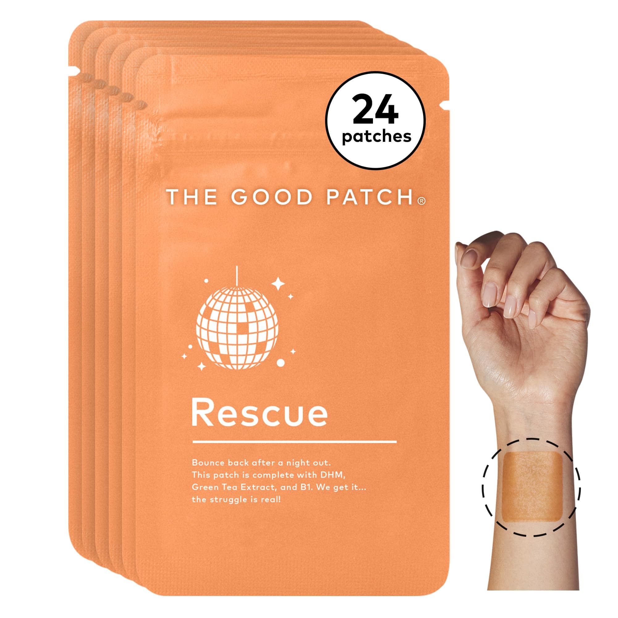 Rescue Recovery Patch, Natural Patch with DHM, Vitamin B1, and Green Tea, Plant-Powered Wearable Wellness, Support After a Night Out (24 Total Patches)