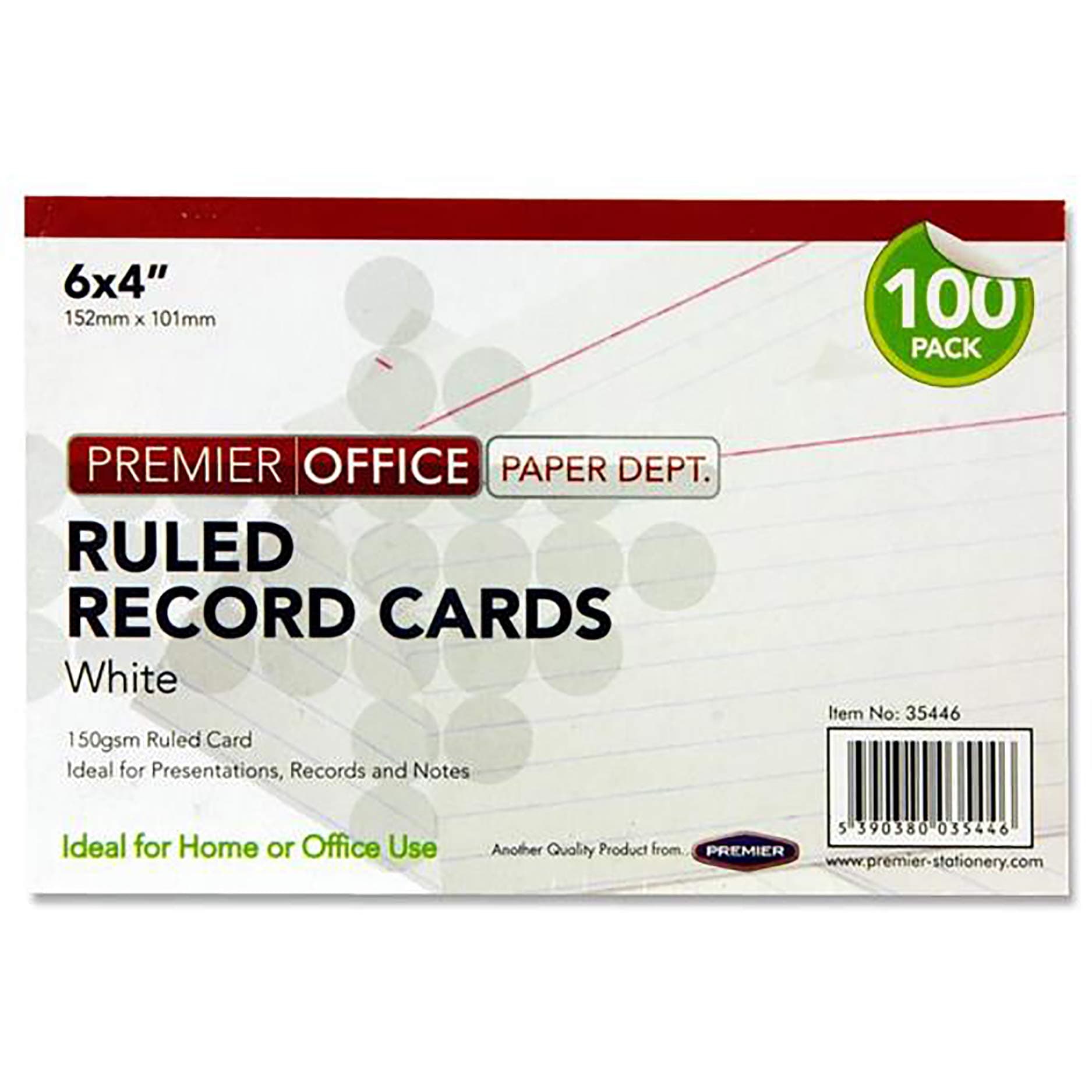 Index Record Cards, White - Pack of 100, Ruled - Size 6" x 4