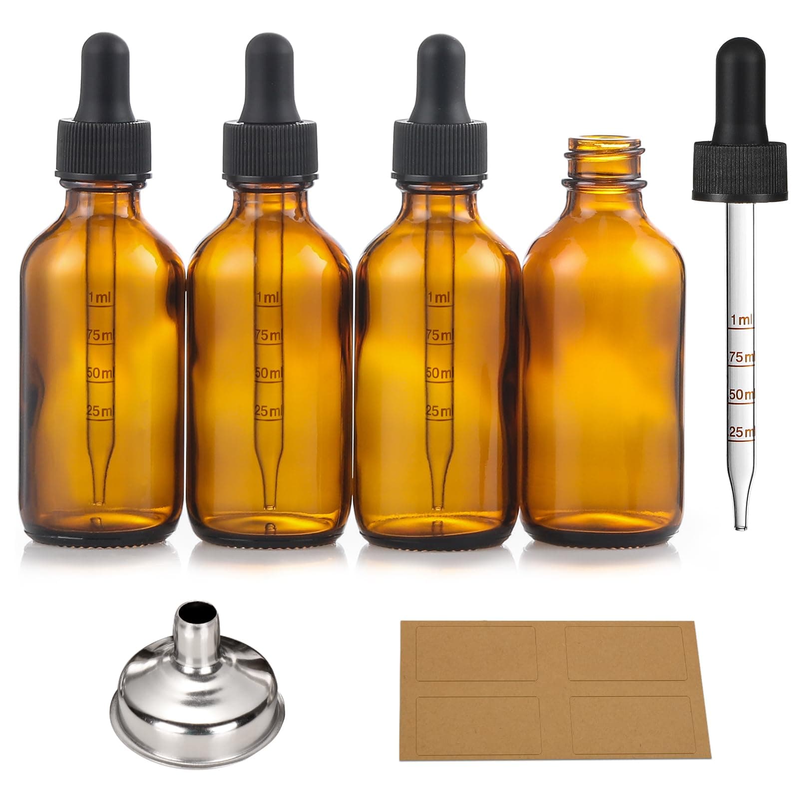 Set of 4, 2 oz Glass Dropper Bottles with Measured Dropper - 60ml Dark Amber Tincture Bottles with Graduated Eye Droppers for Essential Oils, Liquids - Leakproof for Travel - with 1 Funnel & 4 LabelsClimeCo Certified