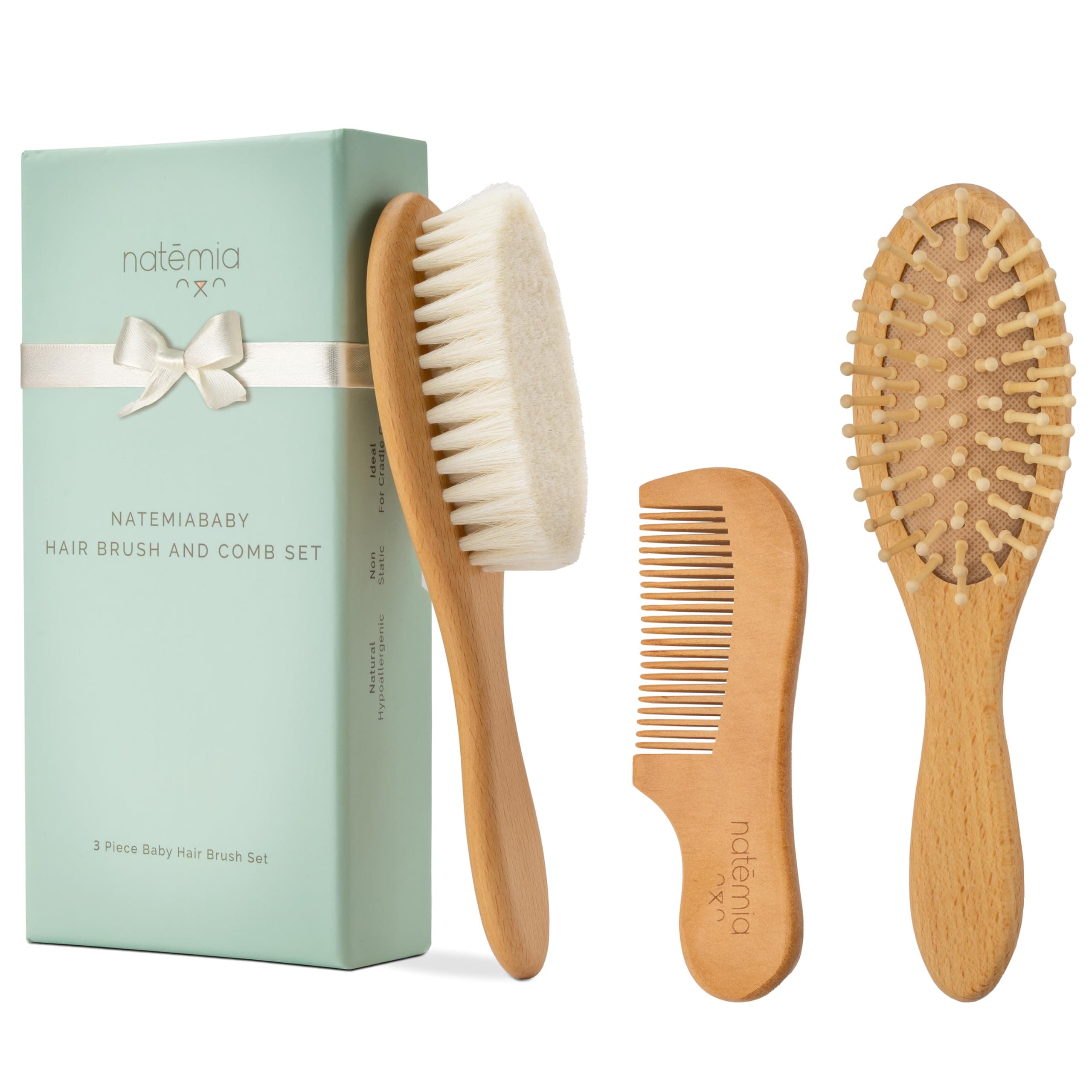 Natemia Premium Wooden Baby Hair Brush and Comb Set - Natural Soft Bristles - Ideal for Cradle Cap - Perfect Registry Gift - Baby Hair Comb Wooden - Toddler Hair Brush - Scalp Brush