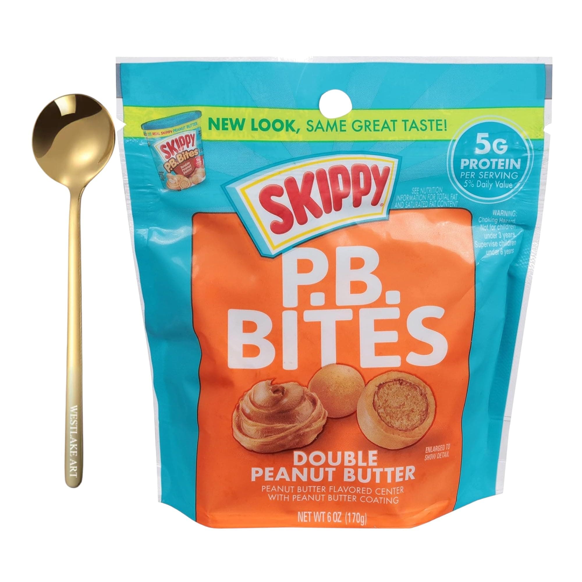 Bundle of Stainless Steel Spoon - 13.5cm - Gold, and, Double Peanut Butter P.B. Bites, 6 Ounce, Pack of 1