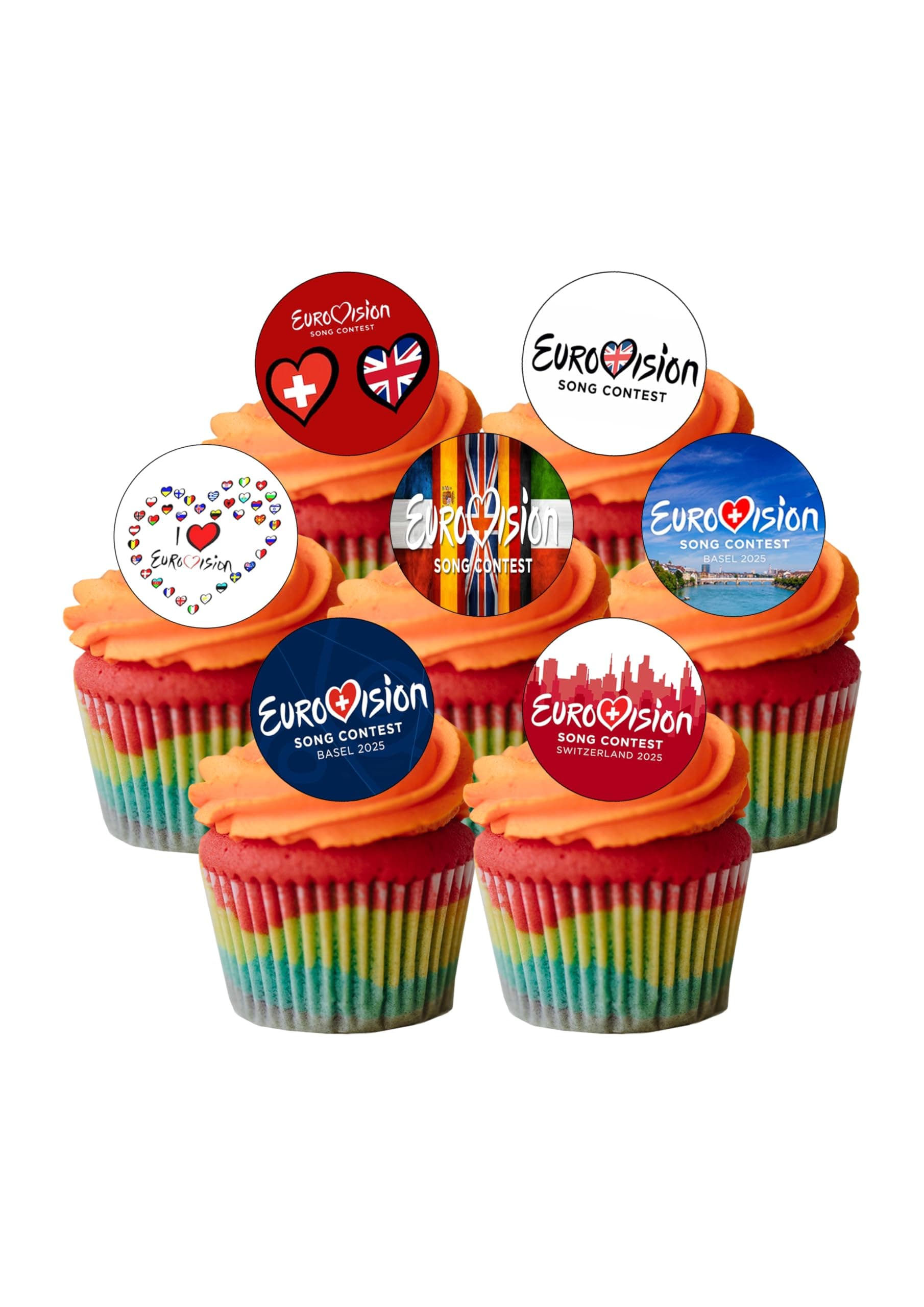 24 Pre-Cut Eurovision Song Contest 2025 Basel, Switzerland Celebration Themed Edible Wafer Paper Cake Toppers Decorations