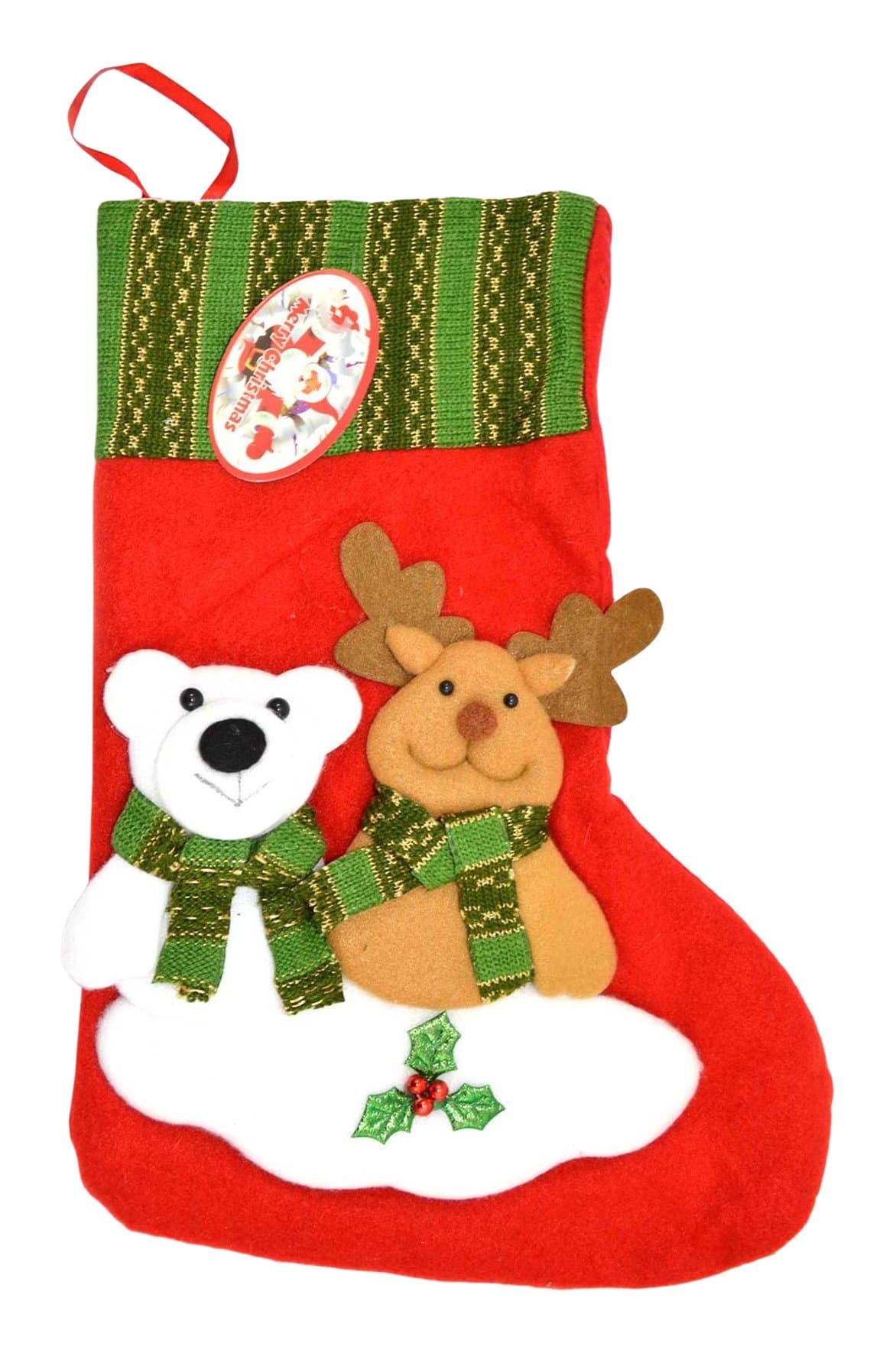 Shatchi Traditional Deluxe Hand 3D Santa Stocking Sock Sack Christmas Xmas Gifts Bag Toys Sweets Tree Snowman Decorations 38cm Long, 38cm x 18cm, Red