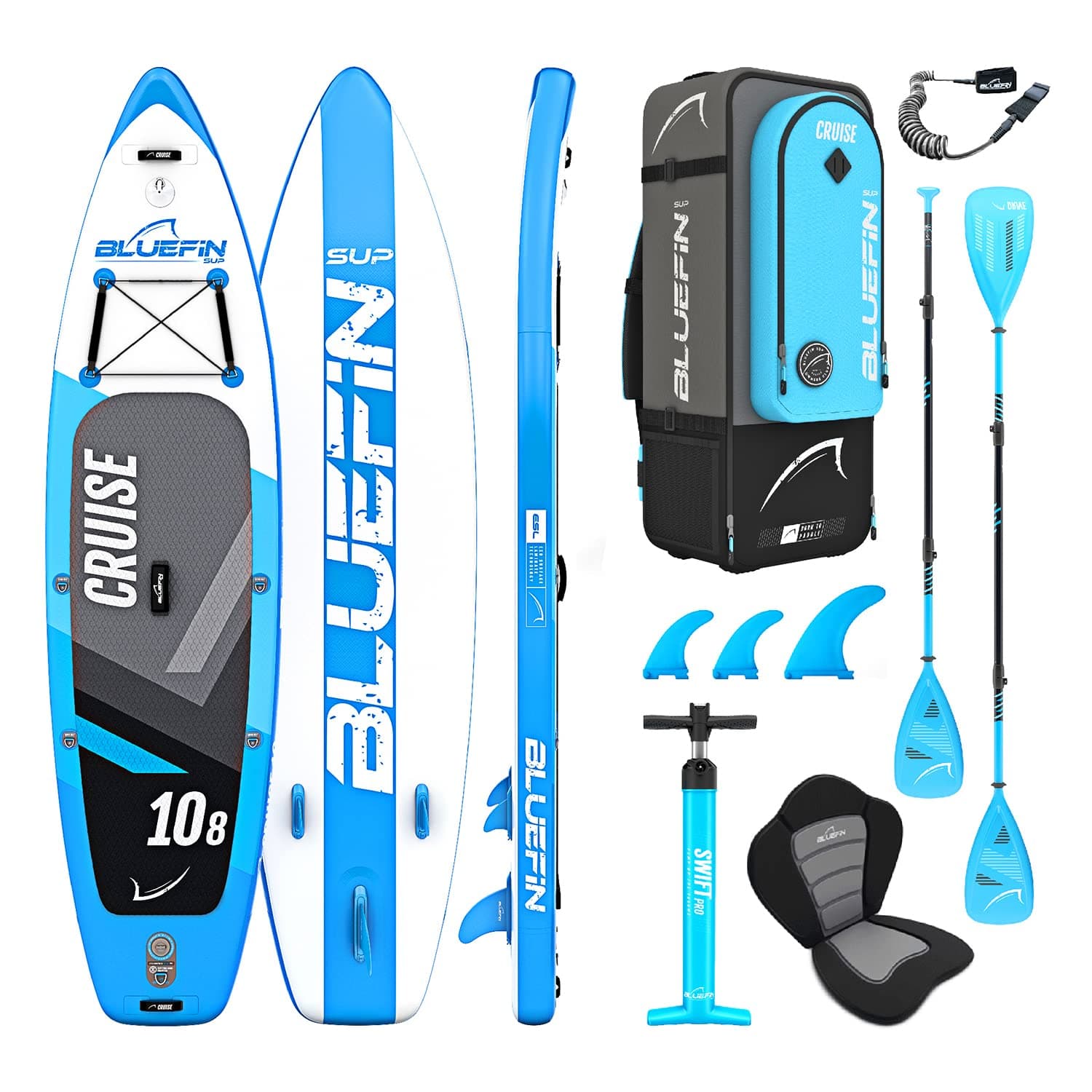 Bluefin Cruise SUP Pack | Inflatable Stand Up Paddle Board | Fiberglass Paddle | Kayak Conversion Kit | All Accessories | Multiple Sizes: 10'8, 12', 15'