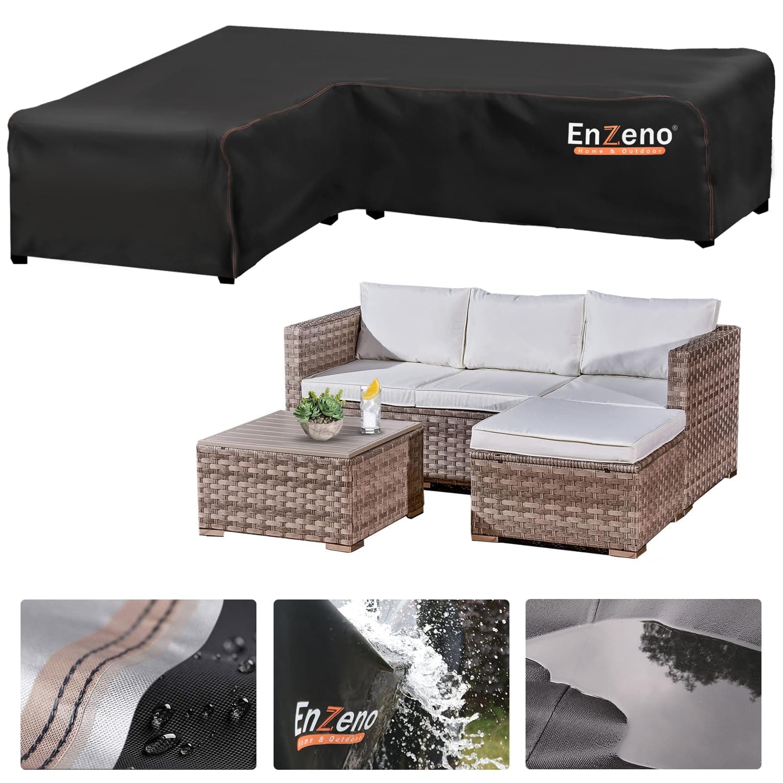 Enzeno Garden L-Shape Furniture Cover Waterproof,420D Oxford Fabric outdoor garden sofa covers, Rattan Corner Sofa Cover with Waterproof Tape (210x260x87cm) Right Side Long