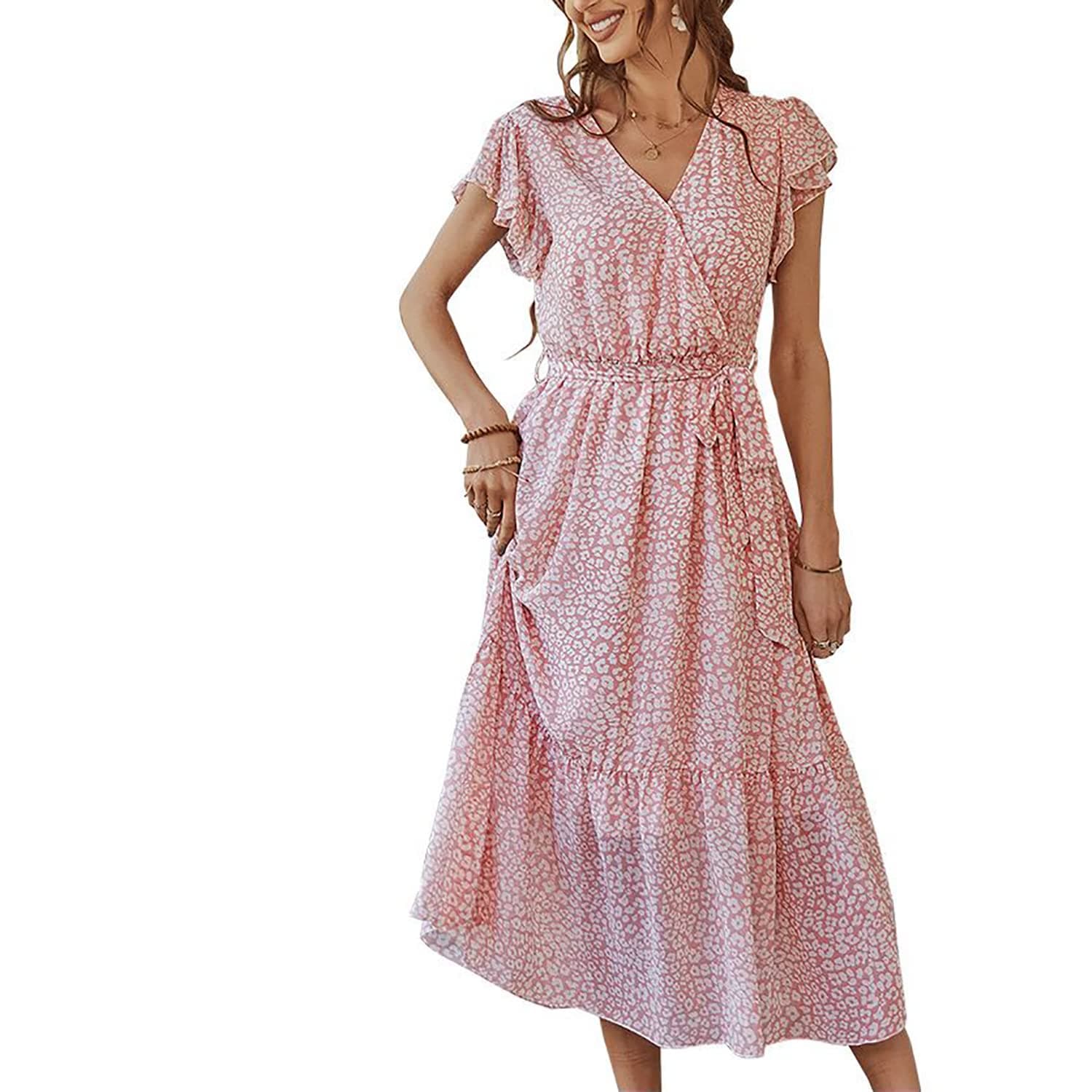 wudfeelWomen's Deep V Neck Boho Floral Print Midi Dress Flowy Chiffon Summer Casual Ruffle Short Sleeve A Line Long Dress