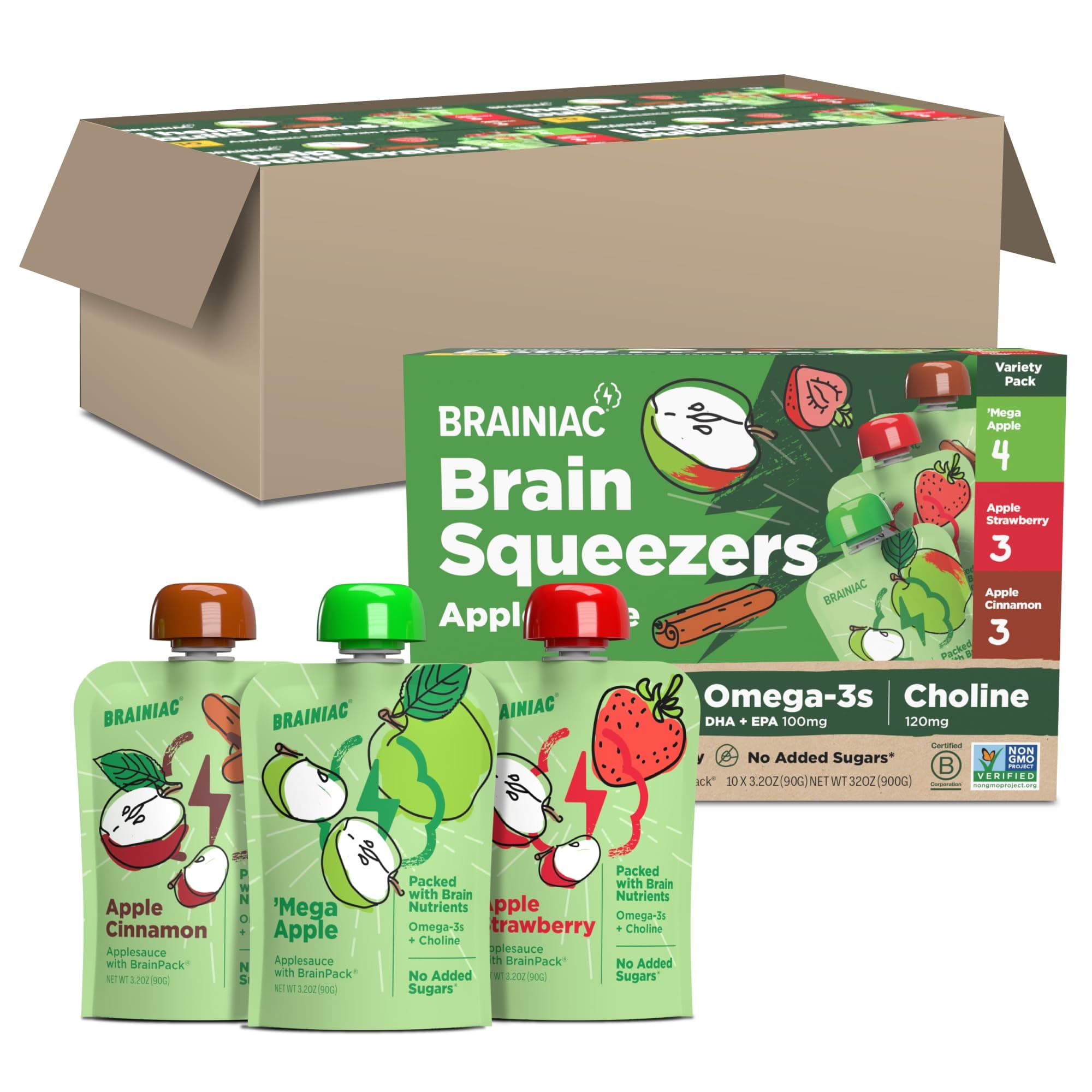 Brainiac Applesauce Variety Pack Pouches, Apple, Apple-Cinnamon & Apple-Strawberry Flavors, Unsweetened Applesauce with Vitamin C, Omega-3s & Choline, 40 Count, 3.2 oz.