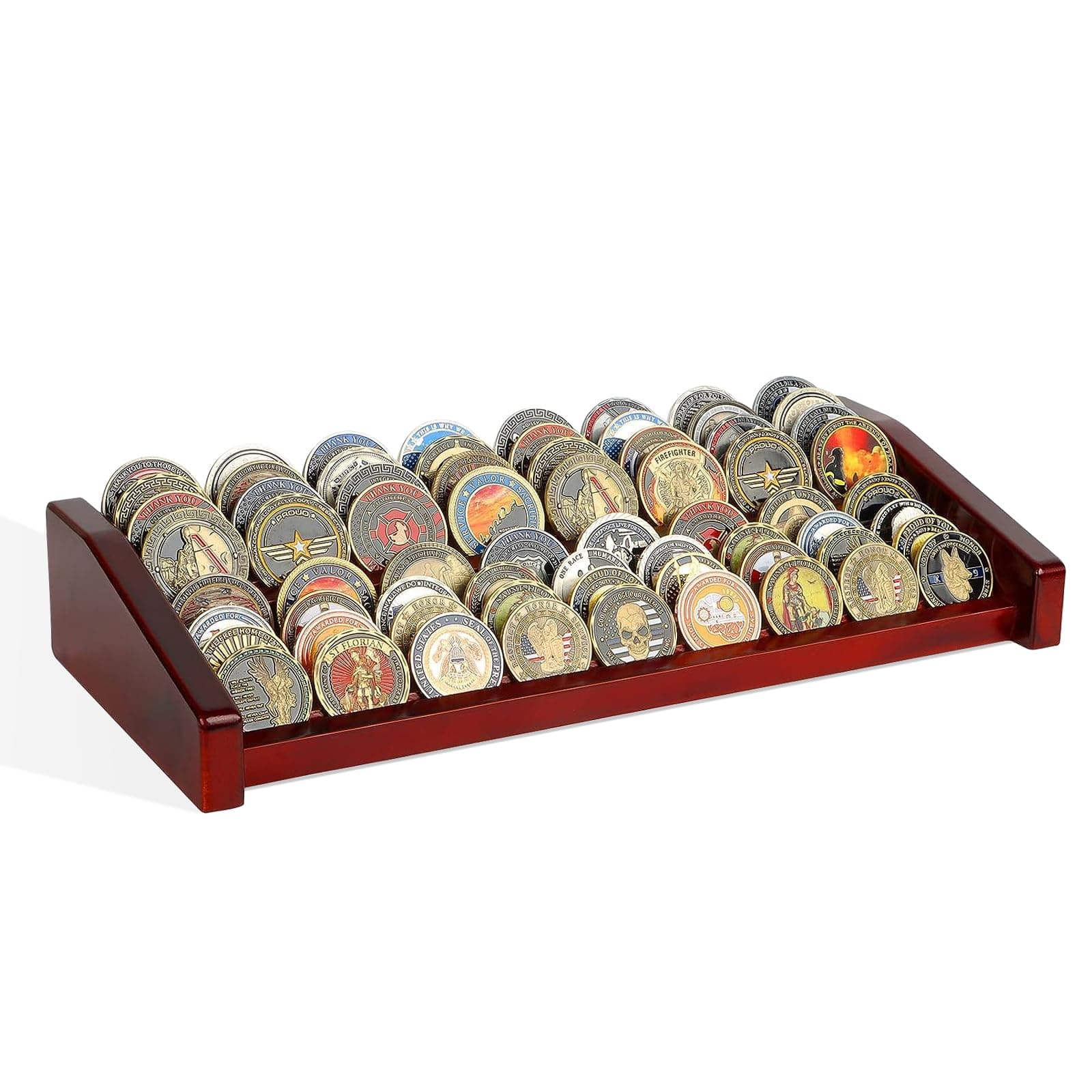 Challenge Coin Holder Display Case - 2 Tiers Solid Wood Military Coin Rack for 60-70 Coins, Army Coin Stand for Desk Display, Mahogany