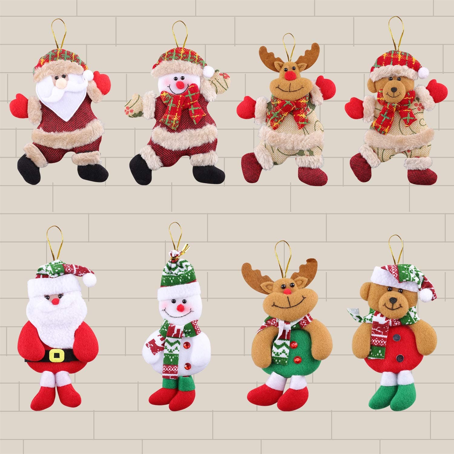 Plush Ornaments, 8 pcs Hanging Ornaments, Santa Claus, Snowman, Reindeer, Bear, Christmas Tree Hanging Ornaments for Home, Christmas Ornaments Set