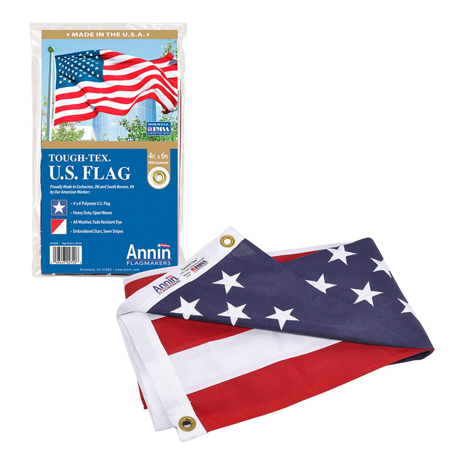 Annin Flagmakers 2720 American Tough-Tex Polyester Flag, 4x6 ft, 100% Made in USA with Sewn Stripes, Embroidered Stars and Brass Grommets