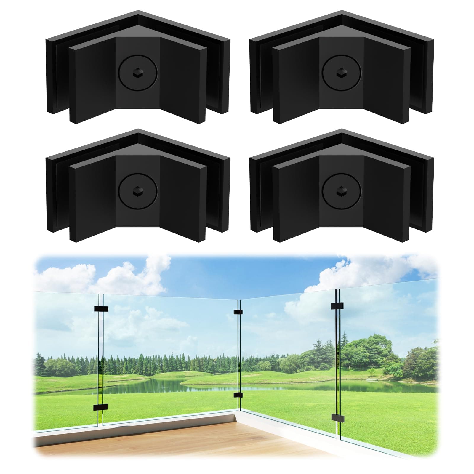 LukLoy 4 Pack Railing Glass to Glass Clamp, Stainless Steel 304 Bracket Thickened Heavy-Duty Clamp No Drilling for Glass Balustrade Railing Pool Fence Black (4, 90 Degree)