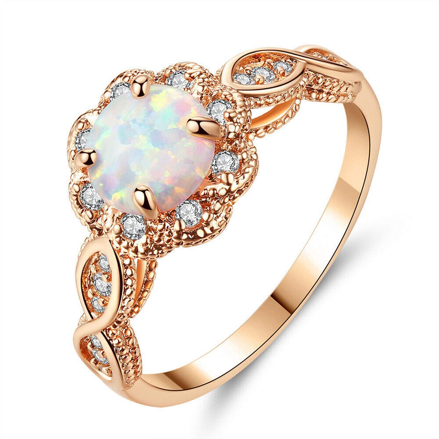 CiNily18K Gold Plated Opal Ring-White Fire Opal & Amethyst & Cubic Zirconia Women Jewelry Gemstone Engagement Anniversary Ring Size 5-13