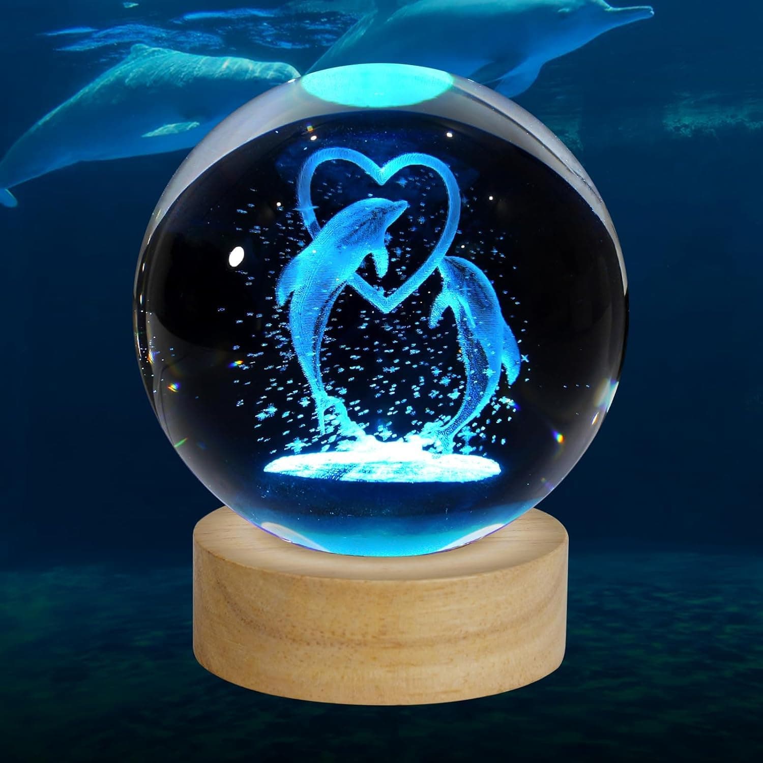 Qolixs Dolphin Gift 3D Figurine in 60mm Crystal Ball - Laser Engraved Glass Sphere Home Decor With Wooden Light Base (16 Color Light With Remote)