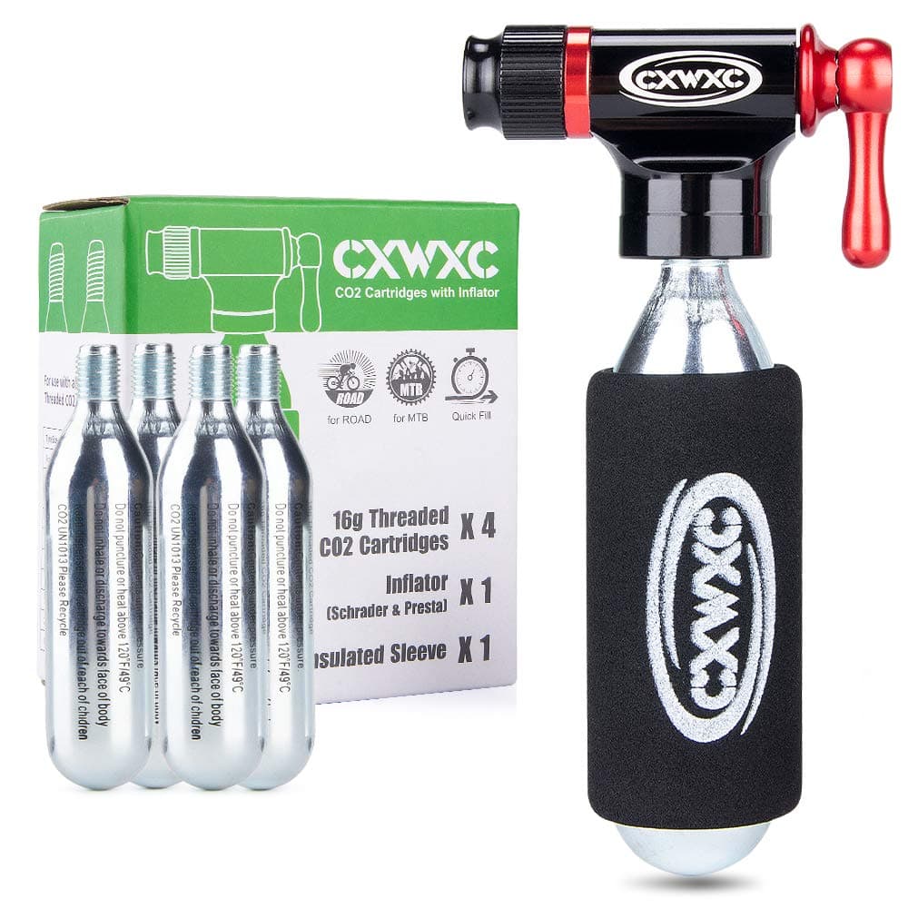 CXWXC CO2 Inflator Kit with 4 x16g CO2 Cartridges - Presta & Schrader Valve Compatible - CO2 Bike Pump for Road and Mountain Bikes