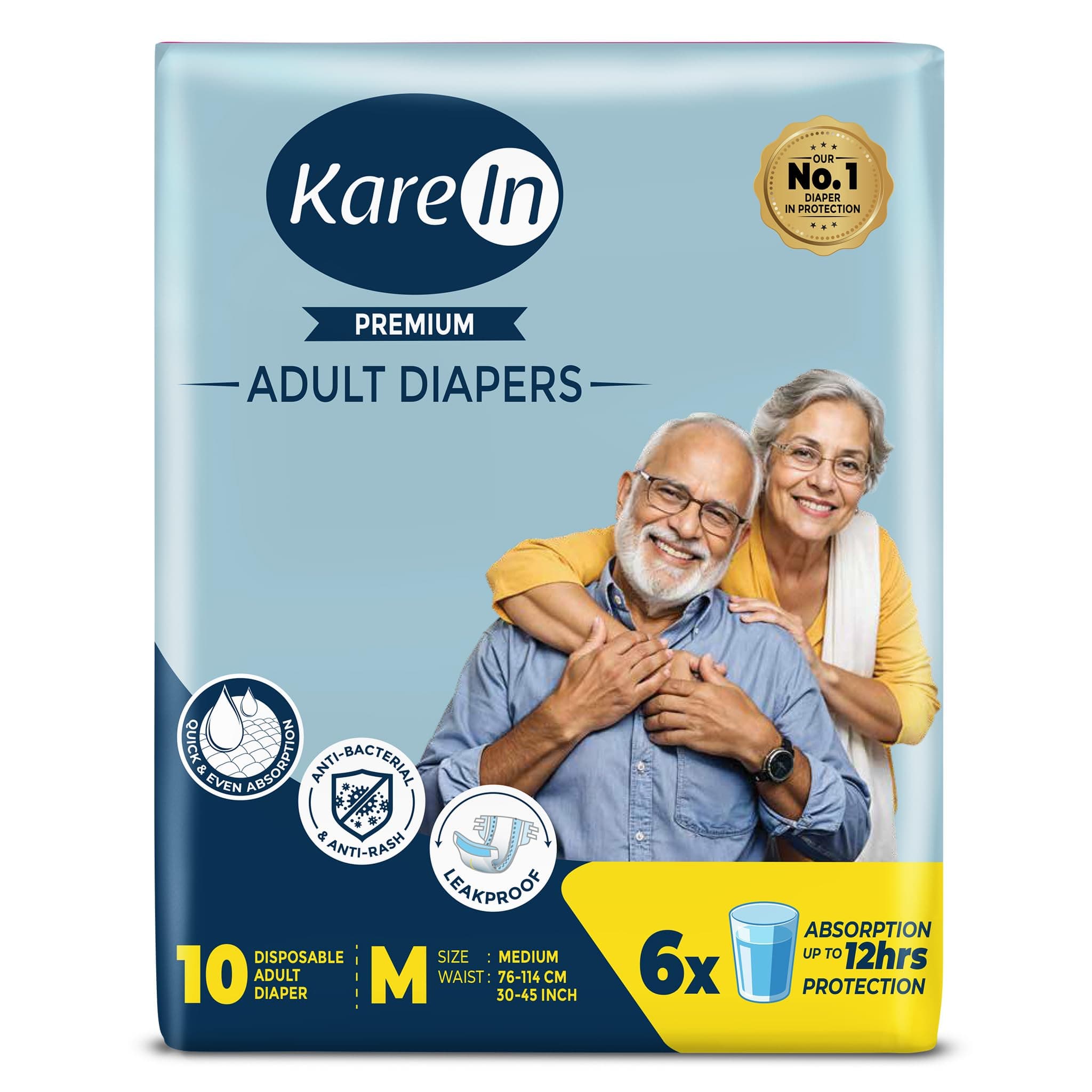 KareIn Premium Adult Diapers, Medium, Waist Size 76-114 Cm (30"-45"), 10 Count, Tape Style, Unisex, High Absorbency, Leak Proof, Wetness Indicator