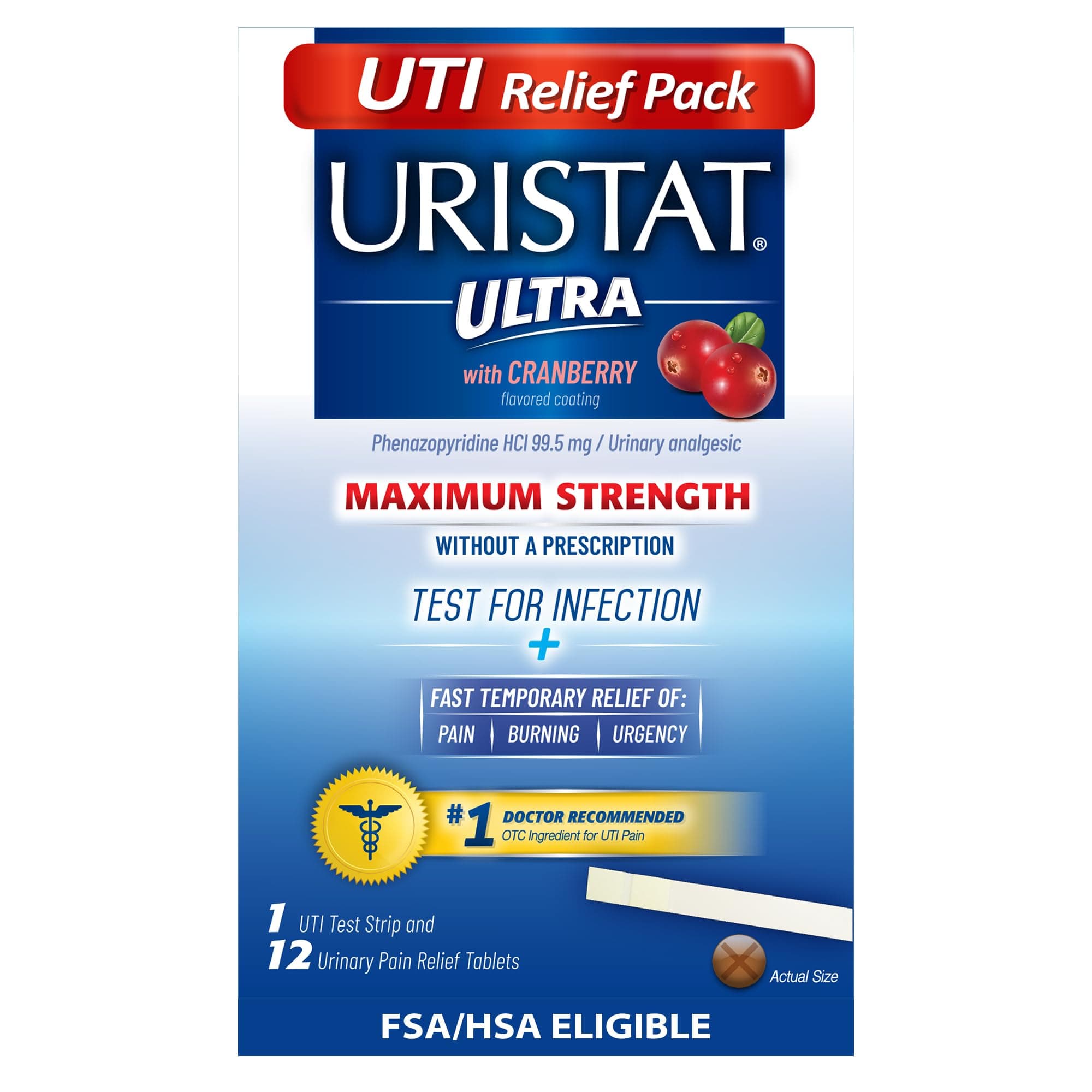 Uristat Ultra Strength Urinary Tract Infection Treatments and Test Relief Kit – 1 UTI Test Strip & 12 Cranberry Flavor Relief Tablets to Ease Urinary Pain, Burning & Urgency