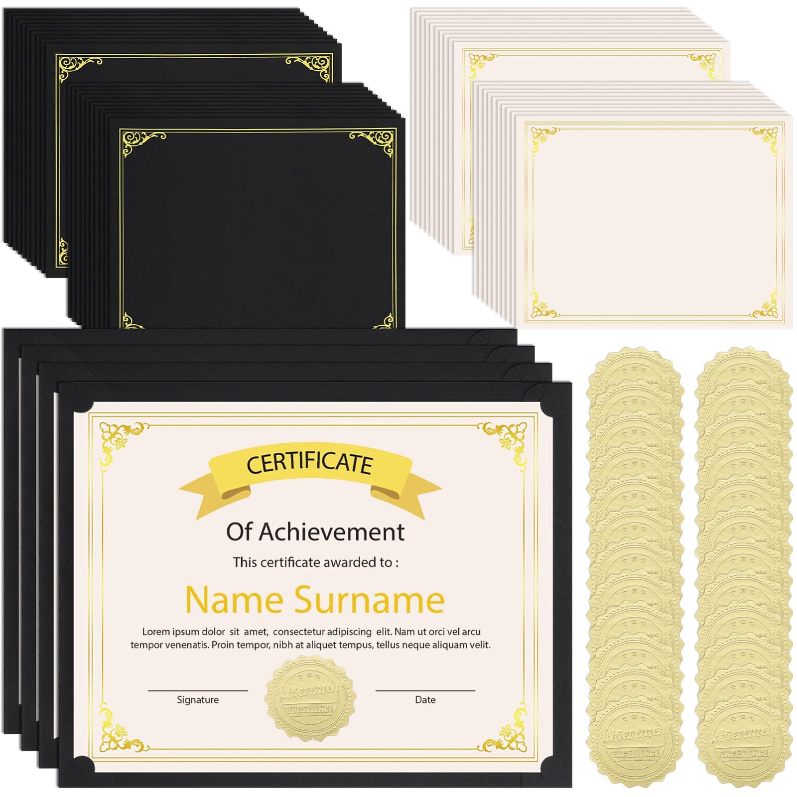 WSICSE 72 Pcs Certificate Kit, Includes 24 Pcs Black Certificate Holders & 24 pcs Letter Size Certificate Papers & 24 pcs Gold Foil Award Seals for 8.5 x 11 Inch Diploma Graduation Documents
