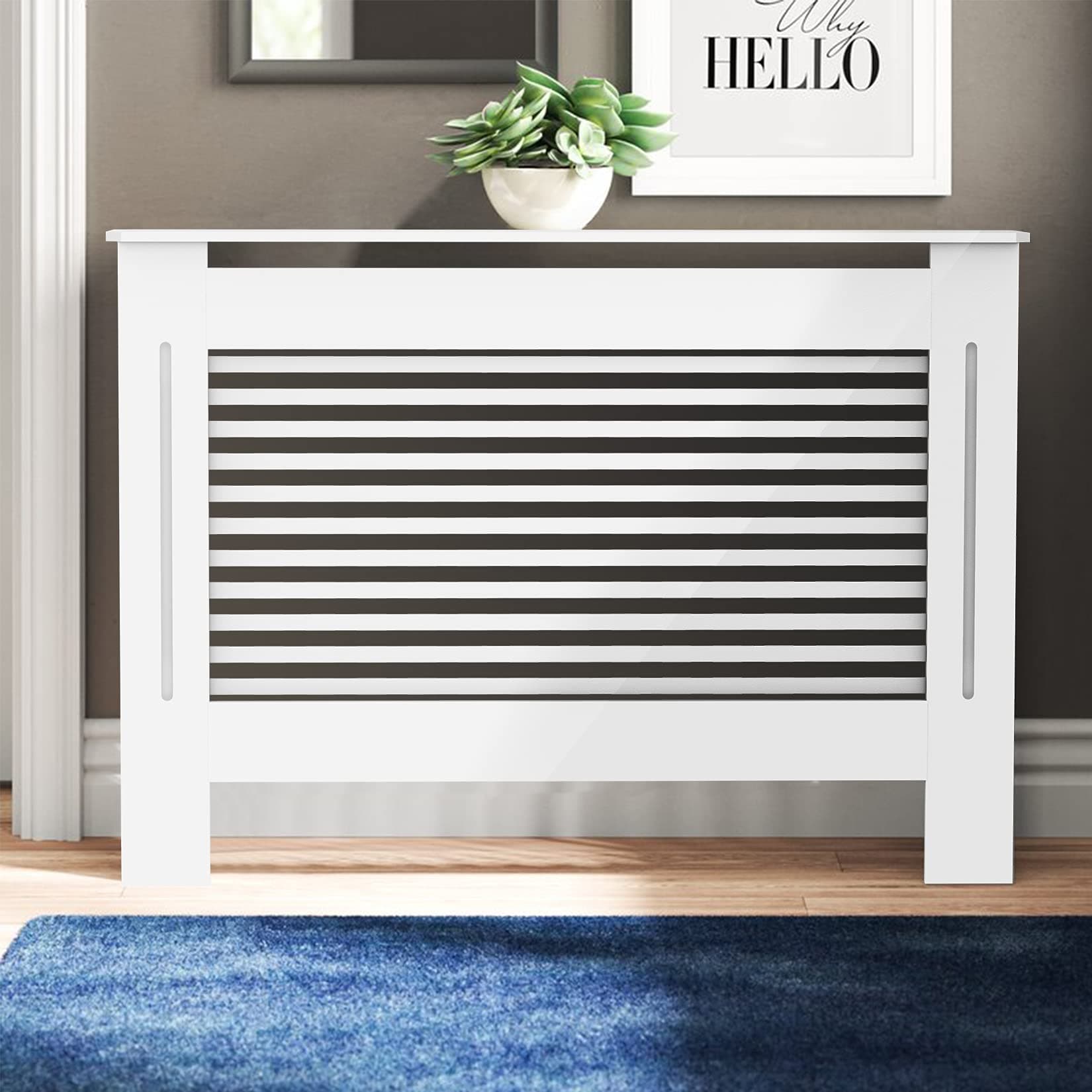 FATIVO High Radiator Cover Wood Cabinet: External 92cm Height White Medium Heater Covers Internal Heights 90cm Horizontal Slats Modern Tall Radiator Shelf Thicken MDF Wooden Kitchen Bedroom