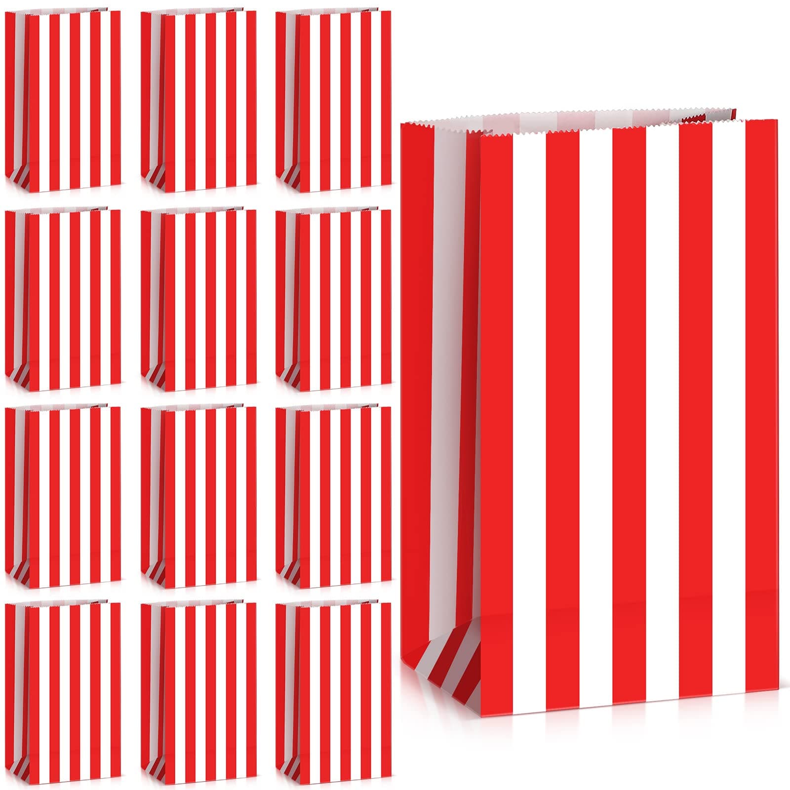Dianelhall 28 Pcs Striped Party Favor Bags Kraft Paper Treat Candy Goodie Gifts Bags for Circus Carnival Party Halloween Christmas Valentines Birthday Favors(Red and White)