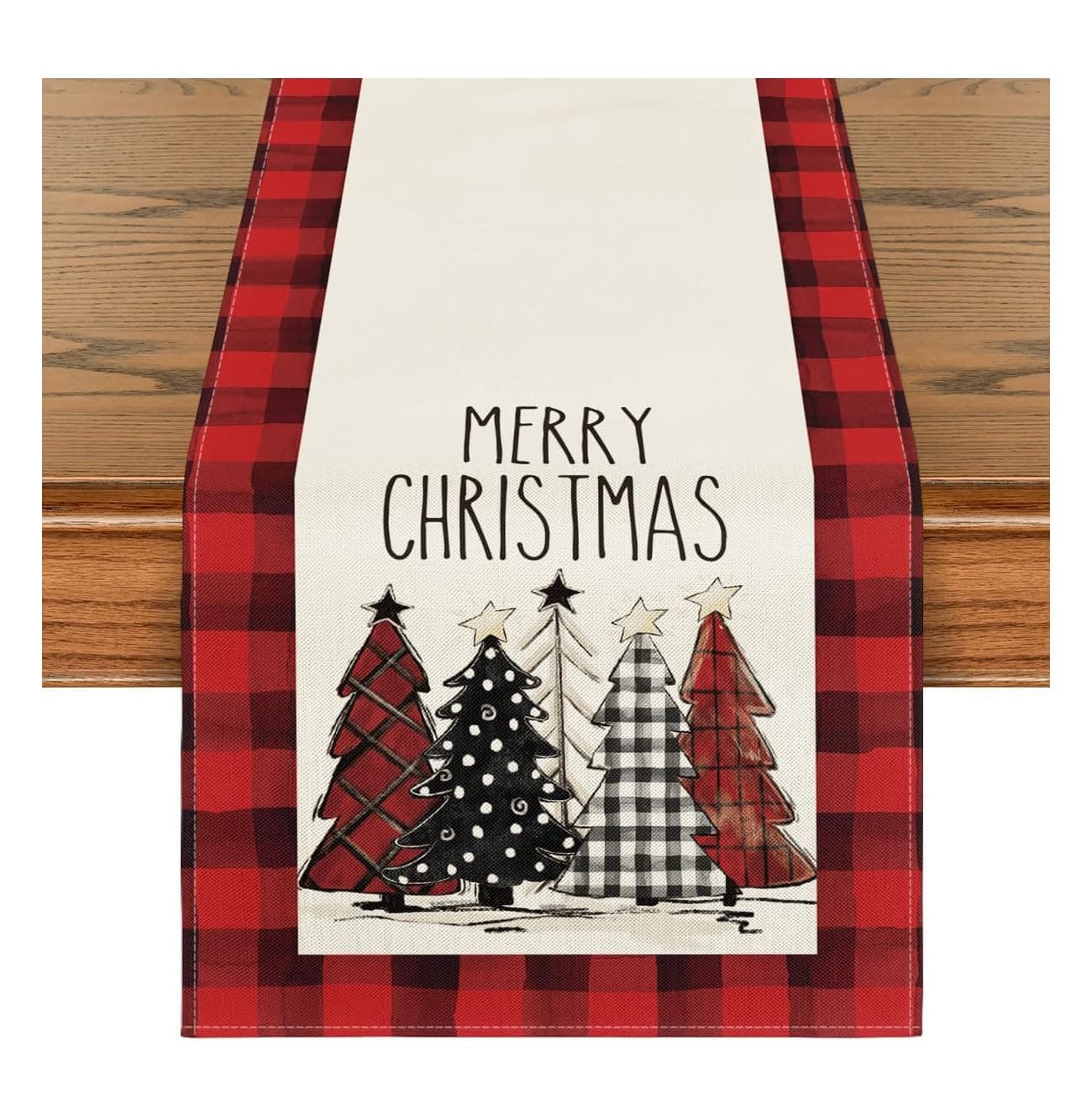Christmas Trees Merry Xmas Table Runner, Seasonal Winter Holiday Kitchen Dining Table Decoration for Indoor Outdoor Home Party Decor 175 x30 cm