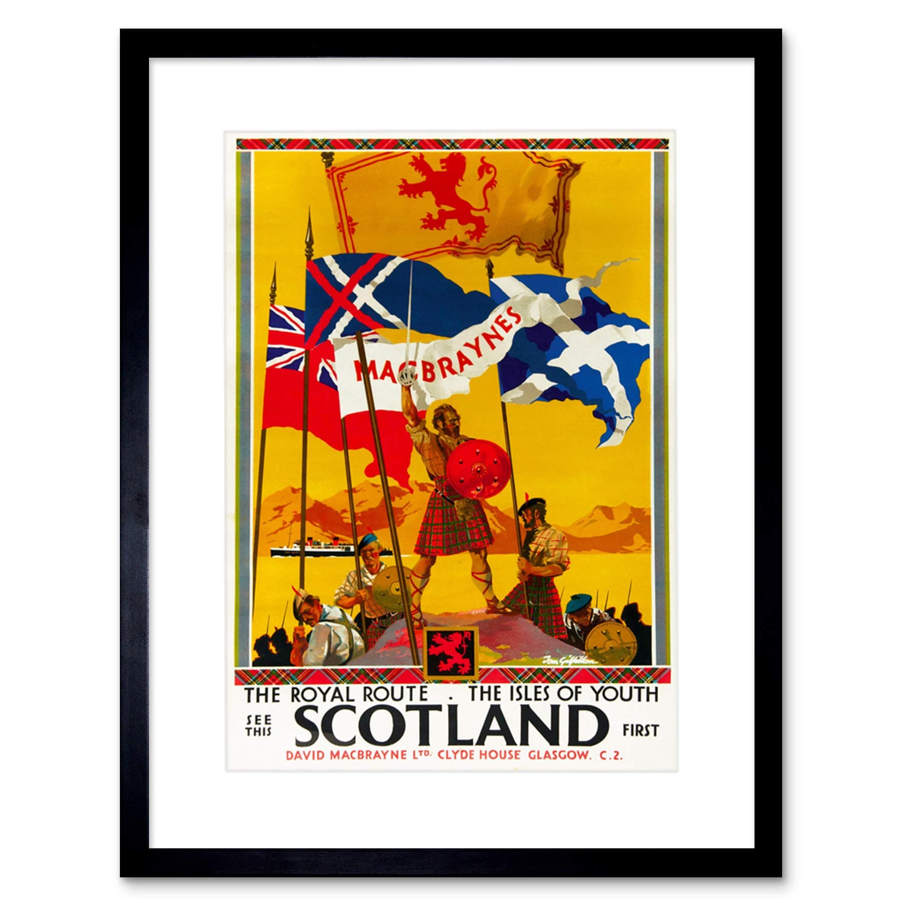 TRAVEL THE ROYAL ROUTE FERRIES TARTAN KILTS SPORANS SHEILD FRAMED PRINT B12X7901