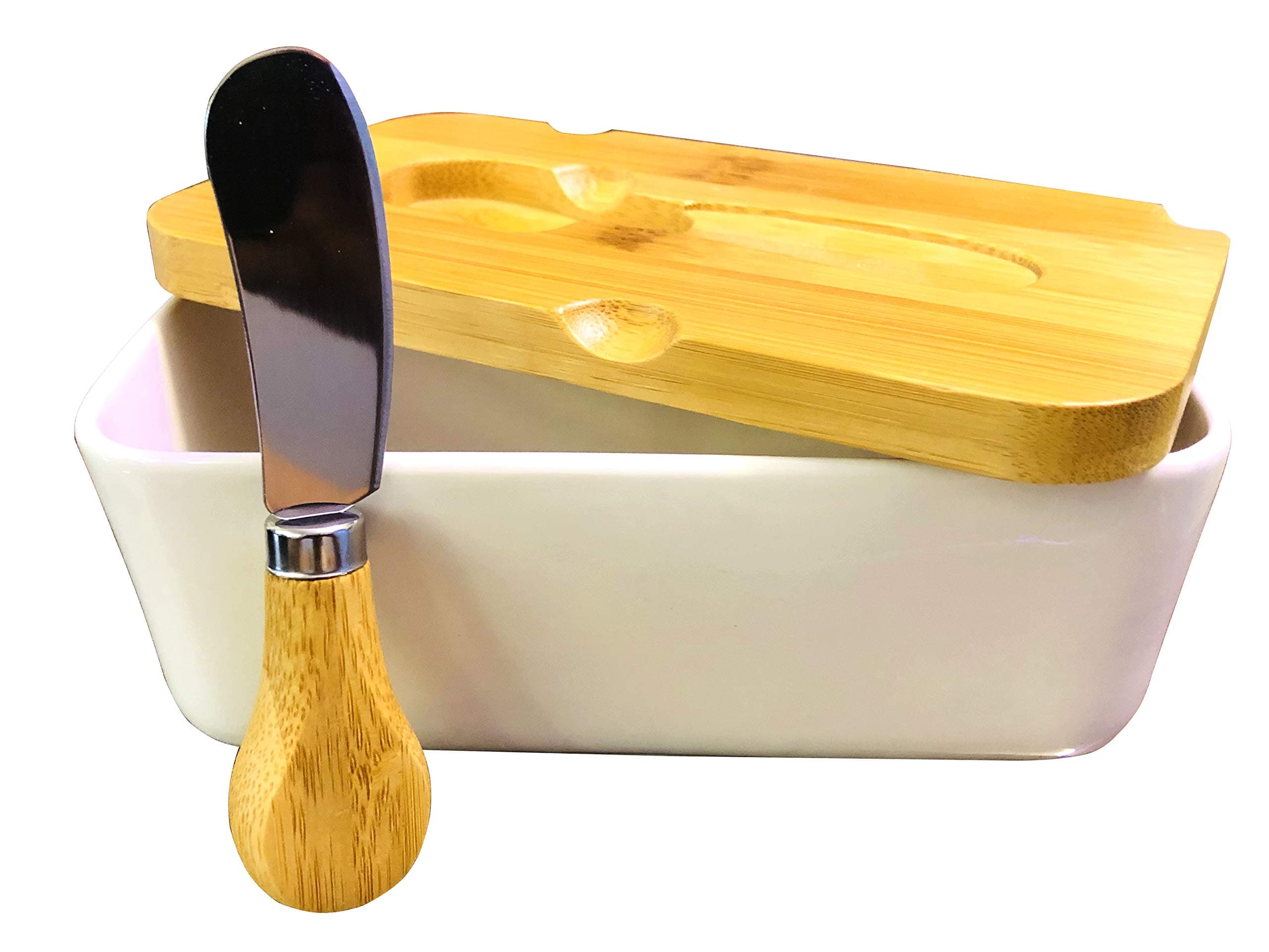 Saanveria™ Premium Quality Elite Range Heavy Fine Porcelain Butter Box/Butter Dish with Wooden Top Cover/Lid with a Knife (600 ML)