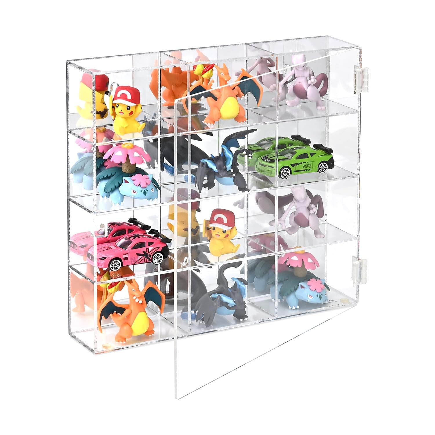 Ikee Design Premium Acrylic Display Case with Mirrored Back, Clear Wall Mounted or Desktop 12 Compartments Display Cabinet Shelves for Collectibles, Small Pop Figures, Jewelry, 10.7 W x 2 D x 10 H in