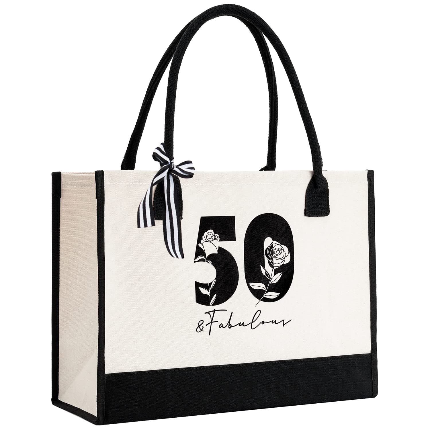 Crisky 50th Birthday Gifts for Women Canvas Tote Beach Bag 50 & Fabulous with Ribbon for Wife/Sister/Mom/Aunt/Friends,17" x 12" x 7"