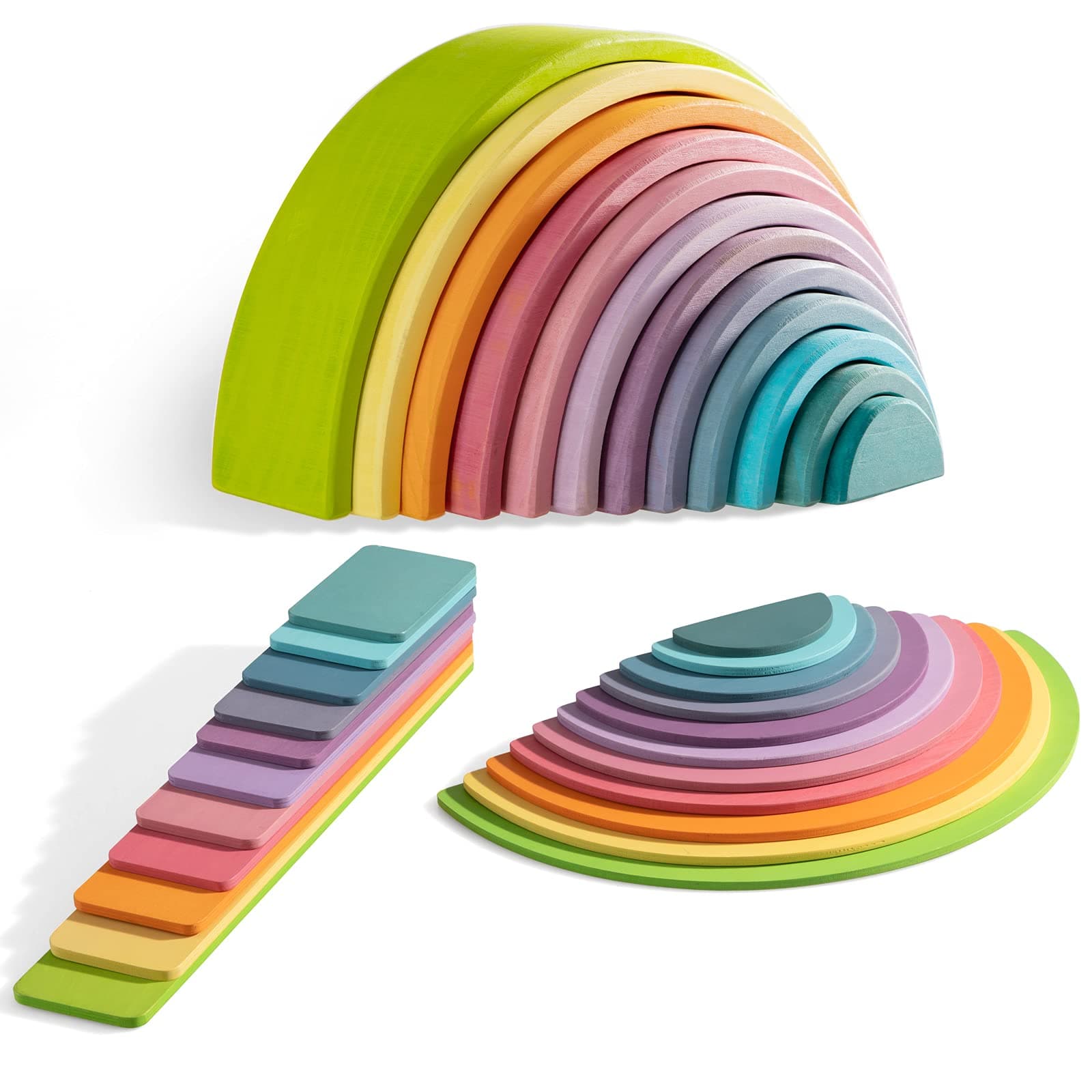 Wooden Rainbow Stacker Set - Rainbow Stacking Toy Set with Stacker, Semicircle, Building Board - Waldorf Wooden Open Ended Stacking Toys - Great for as Gift (Pastel-3 Pack)