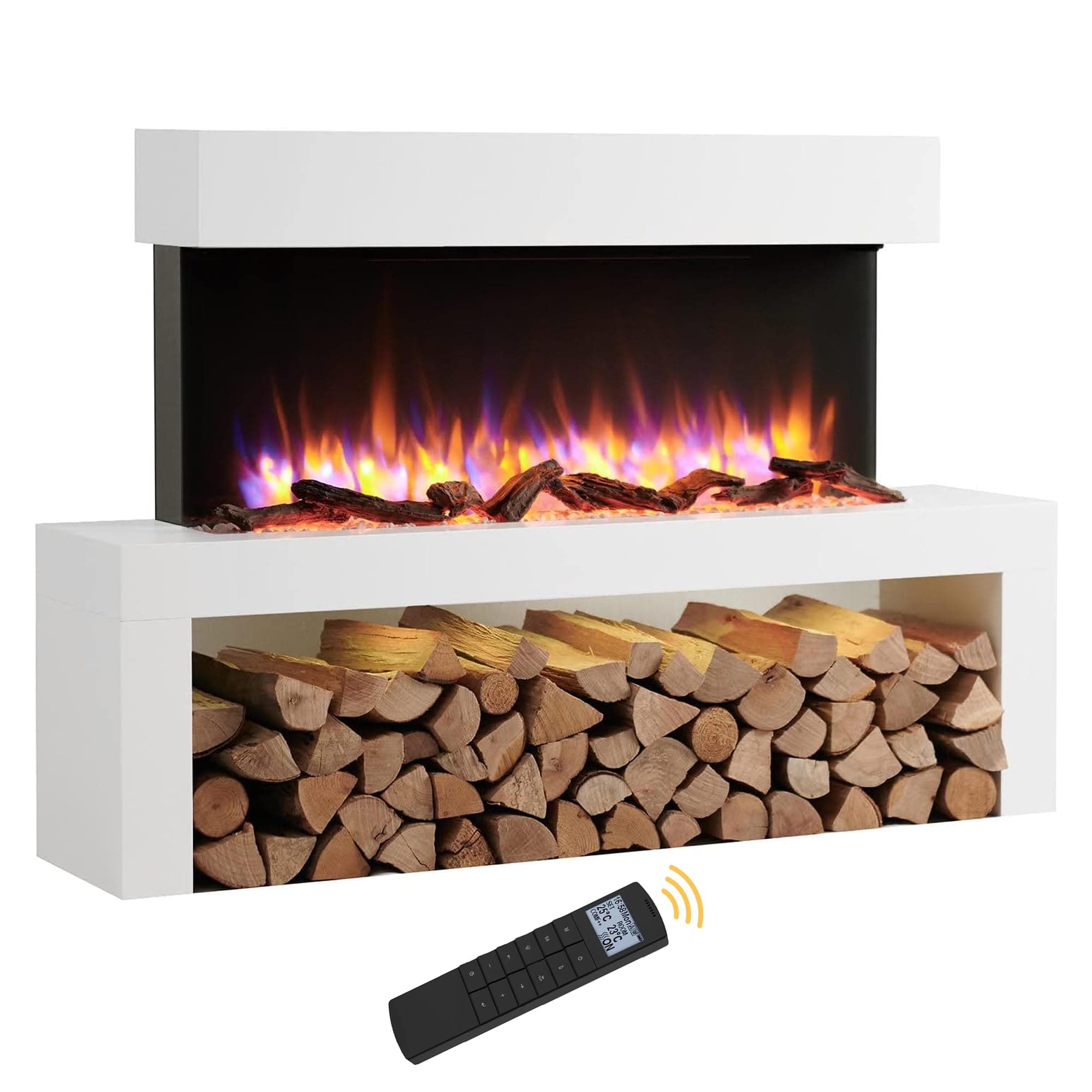 Endeavour Fires Wykeham 47" Wall Mounted Electric Fireplace Suite with Off-White Surround & Base Plinth, 3D Flame Effect, 13-Colour LED Lighting, 1-2kW Heater, Remote Control