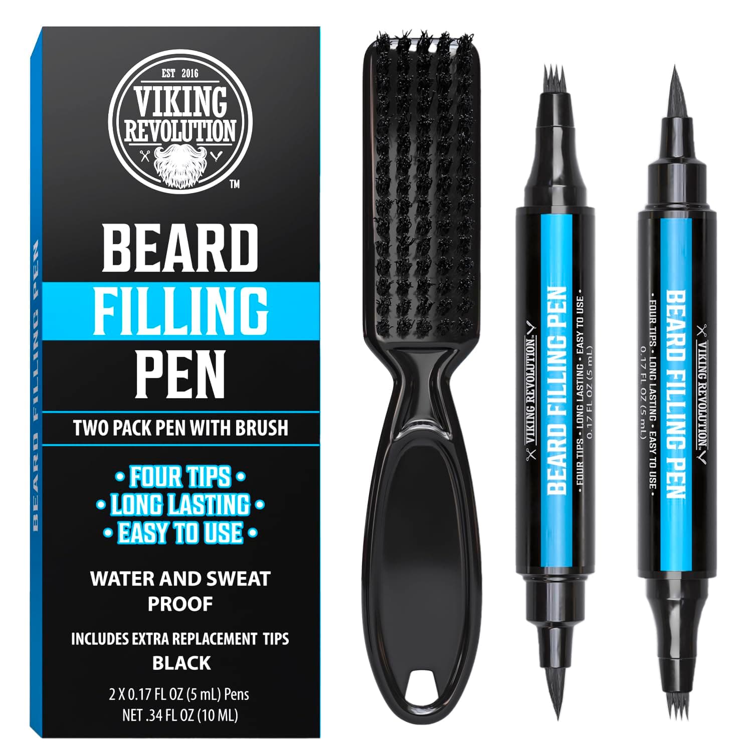 Viking Revolution Beard Pen (2 Pack) - Black Pencil Filler For Men Lapiz Para Barba De Hombre Waterproof Filling Kit Long Lasting With Brush
