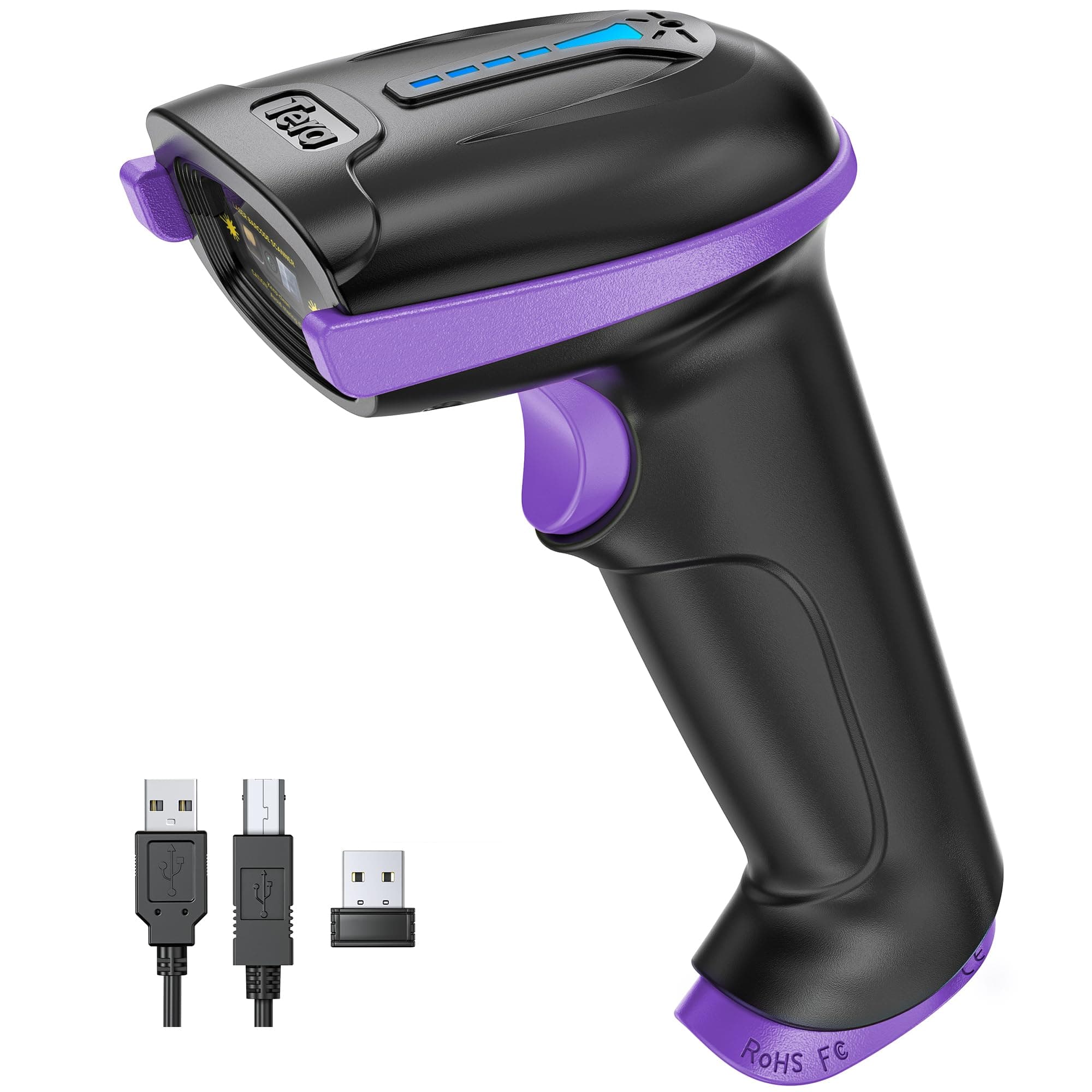 Tera Barcode Scanner Wireless Versatile 2-in-1 (2.4Ghz Wireless+USB 2.0 Wired) with Battery Level Indicator, 328 Feet Transmission Distance Rechargeable 1D Laser Bar Code Reader Handheld 5100 Purple