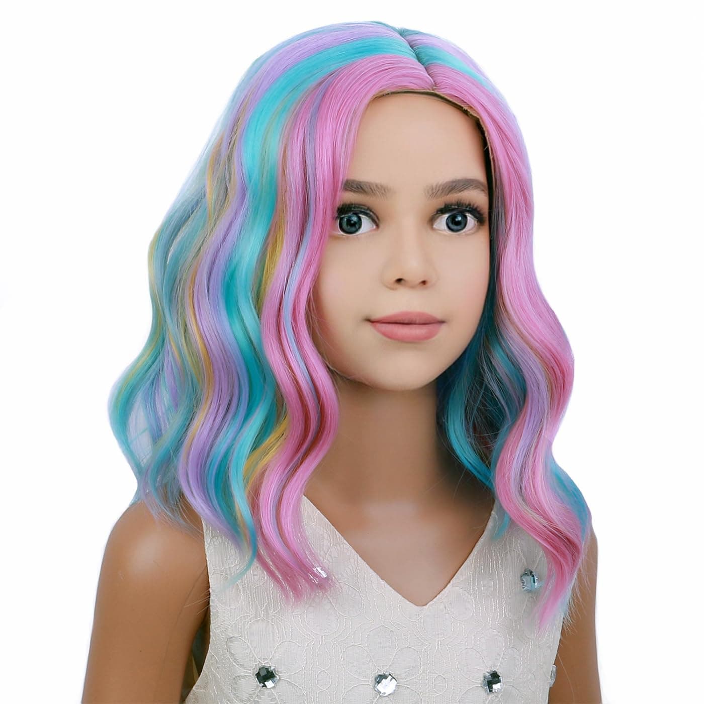 Rainbow Wig Kids Child Wig Short Wavy Wig Rainbow Wig Multicolor Wig Girls Synthetic Wig Cosplay Halloween Party Costume Wig (Rainbow)