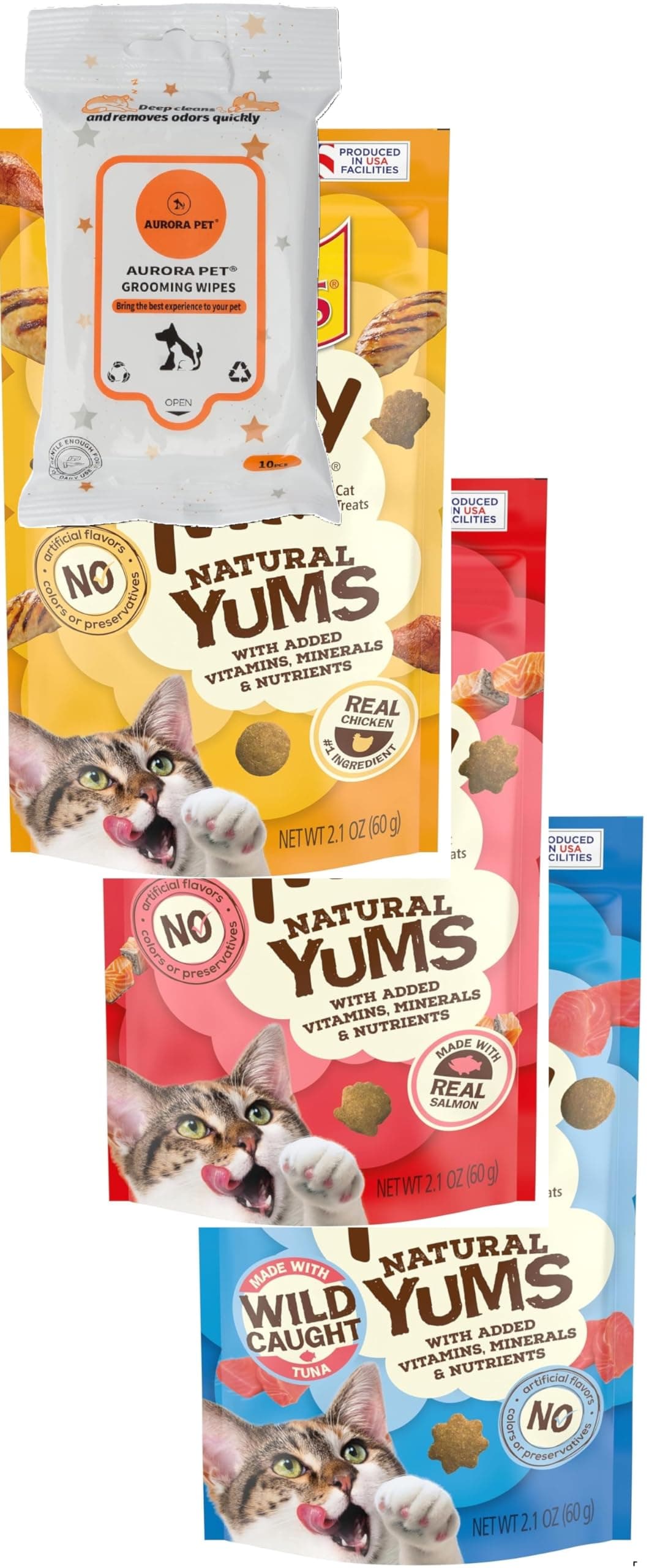Variety Pack (3) Natural YUMS Cat Treats (1) Real Chicken (1) Real Salmon (1) Real Tuna with AuroraPet Wipes