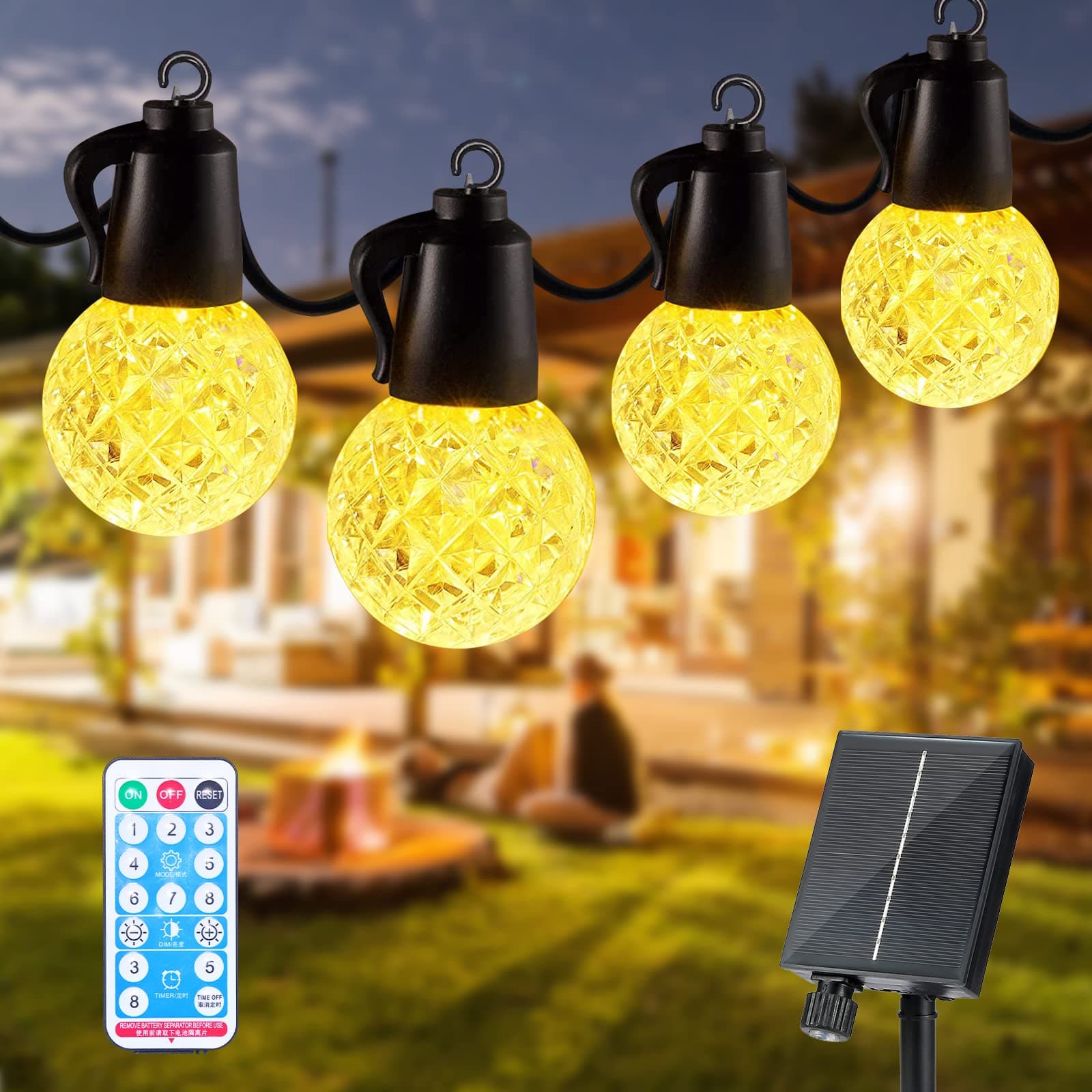 Solar Garden Lights Outdoor Waterproof, G40 15M Solar String Lights, Remote Control & 8 lights Mode, Upgarde Solar Panel with Tpye C Powered for Patio, Gazebo, Yard, Pathway, Christmas Decorative Warm