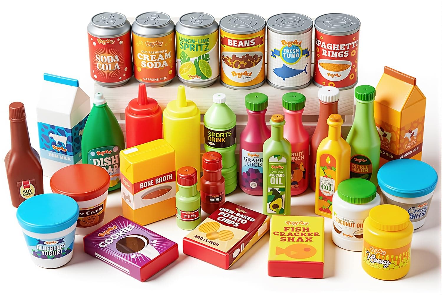 JOYIN 30Pcs Play Food Grocery Cans, Imaginative Play Kitchen Accessories, Includes Drink, Juice, Jar, Seasoning, Water Bottle, Sauce, Yogurt, Ice Cream, Snack Box, Kids Gifts for Ages 2-5