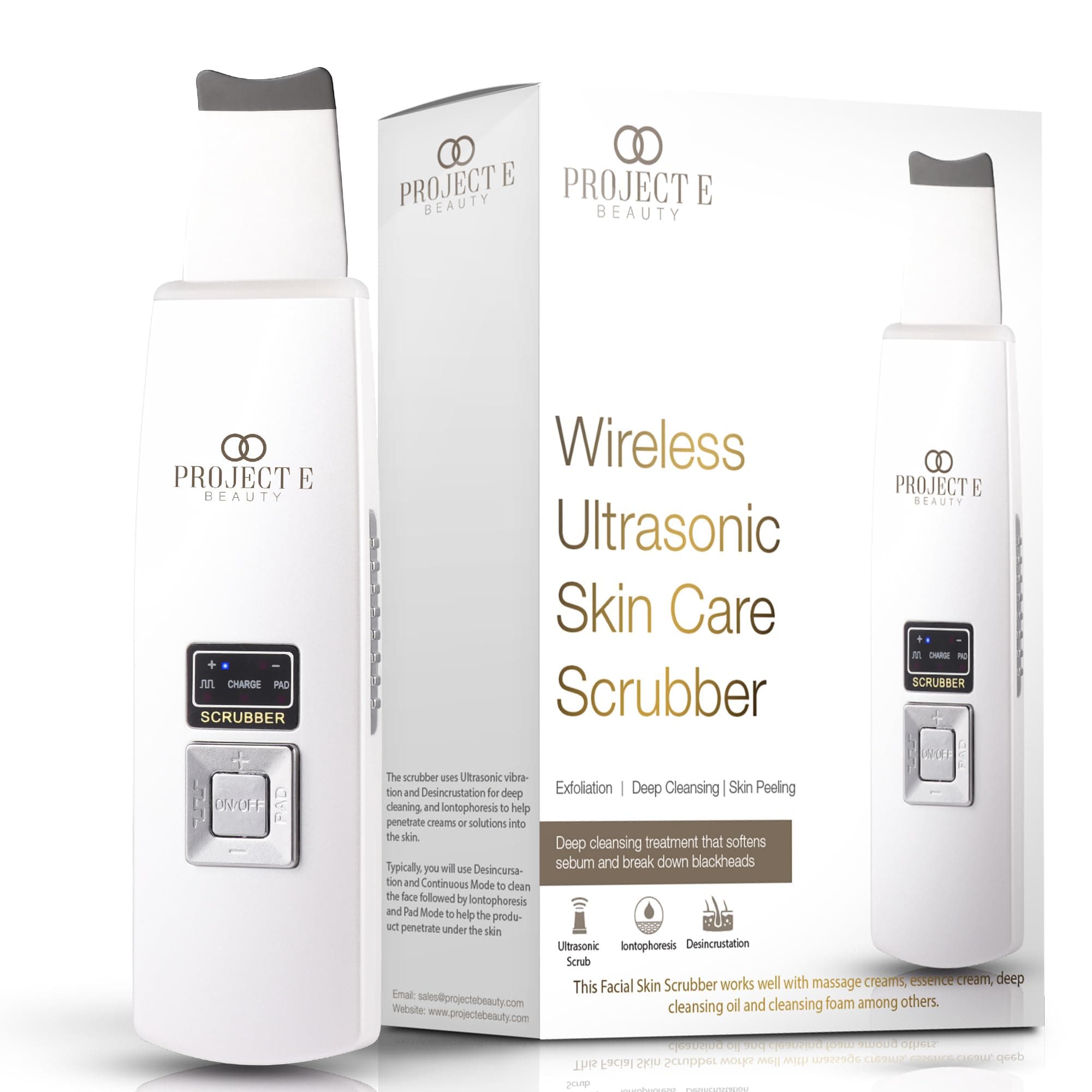 Wireless Ultrasonic Skin Care Scrubber by Project E Beauty | Skin Spatula | Gentle Exfoliation | Blackhead Removal | Deep Pore Cleansing | Dead Skin Remover | Smoother Complexion
