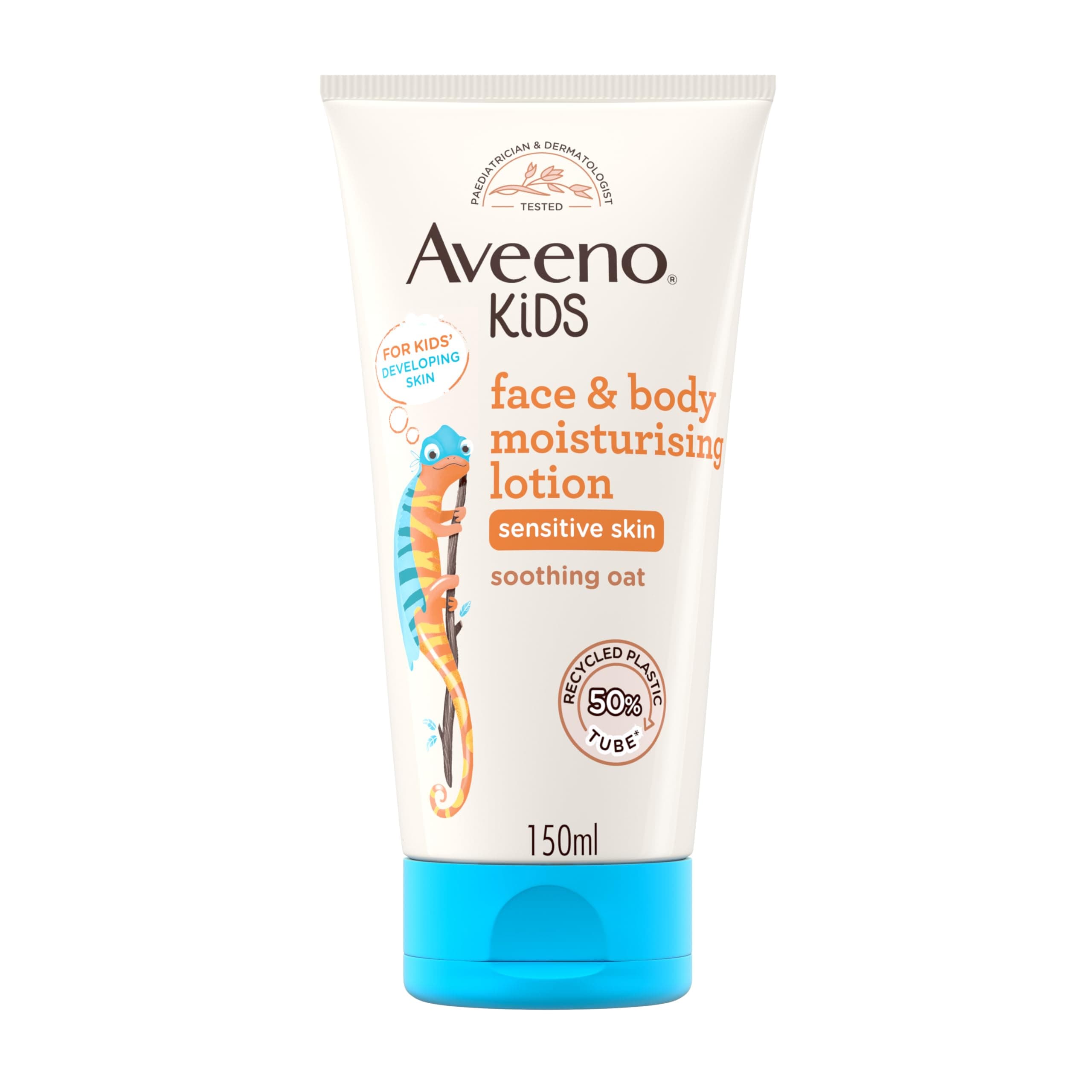 Aveeno Kids Face & Body Moisturising Lotion (1 x 150ml), Non-Greasy and Fragrance-Free Moisturiser Enriched with Soothing Oat, Face and Body Lotion for Kids' Sensitive and Developing Skin