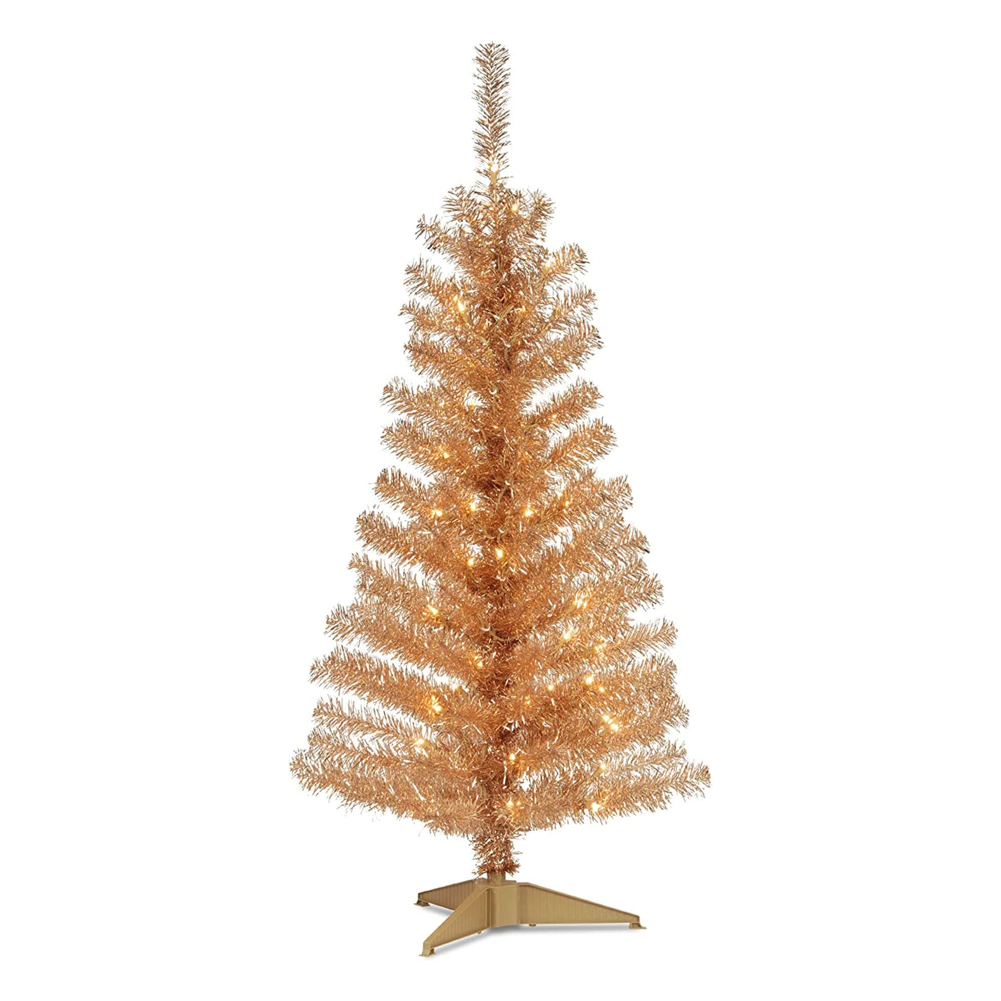 National Tree Company 4 ft Pre-Lit Champagne Gold Tinsel Mini Artificial Christmas Tree, 70 Clear Lights, 110 Tips, Includes Stand
