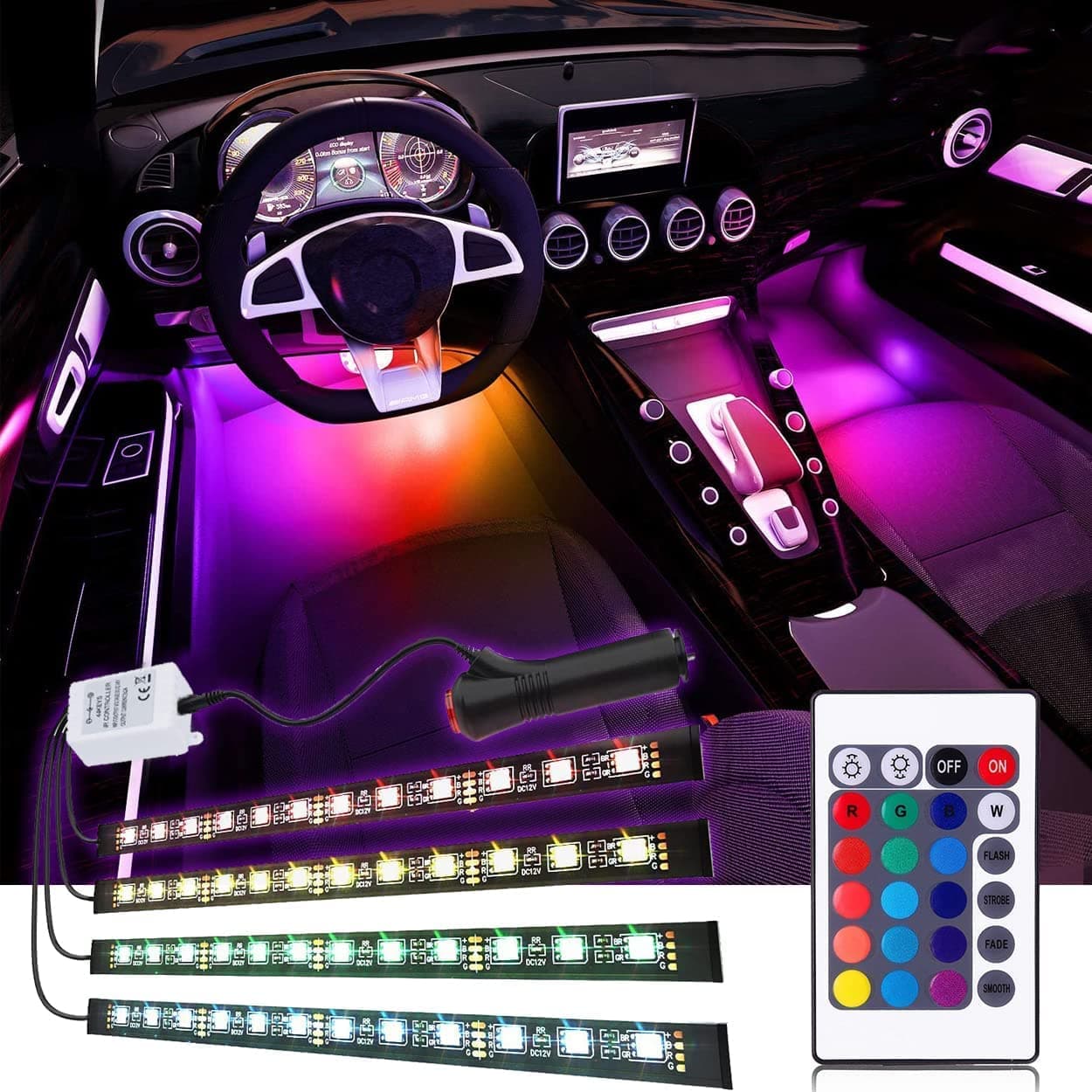 Car LED Strip Light, 4pcs 36 LED Multi-Color Car Interior Lights Under Dash Lighting Waterproof Kit with Multi-Mode Change and Wireless Remote Control, Car Charger Included,DC 12V…