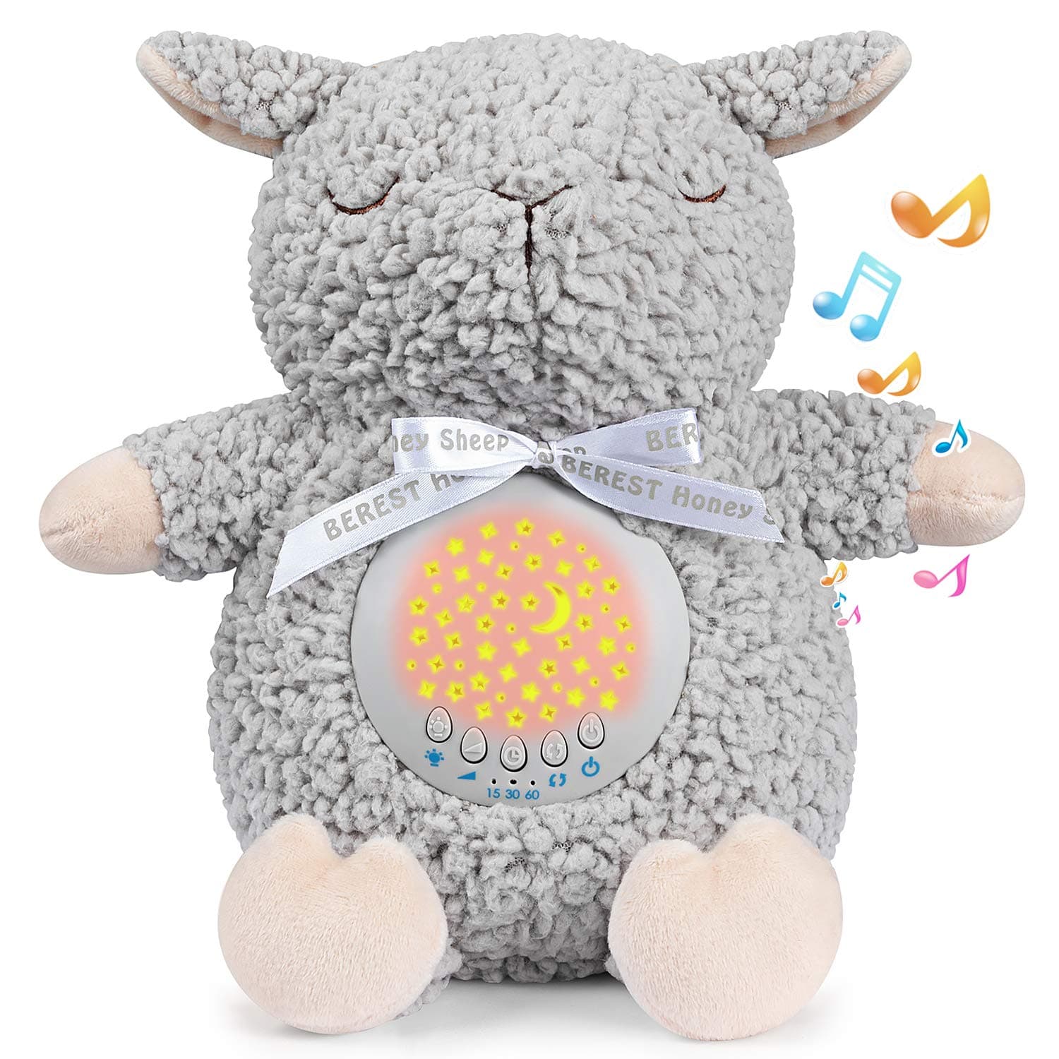 BEREST Baby Sleep Soother with Projector Night Light & Auto-Off Timer, Musical Sheep Plush Toy with White Noise, Heartbeat, Shushing, Lullabies for Newborns, Infants Shower Gift