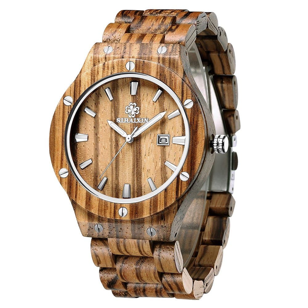SIHAIXIN Men's Wood Watches Natural Handmade Vintage Analog Quartz Wooden Watches with Calendar Wood Wrist Watch Gift Box Package