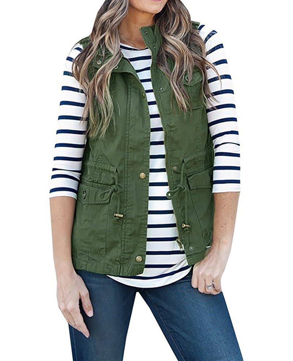 Women's Sleeveless Lightweight Pure Color Vest Jacket with Zipper & Button & Drawstring & Pockets (S, Army Green)
