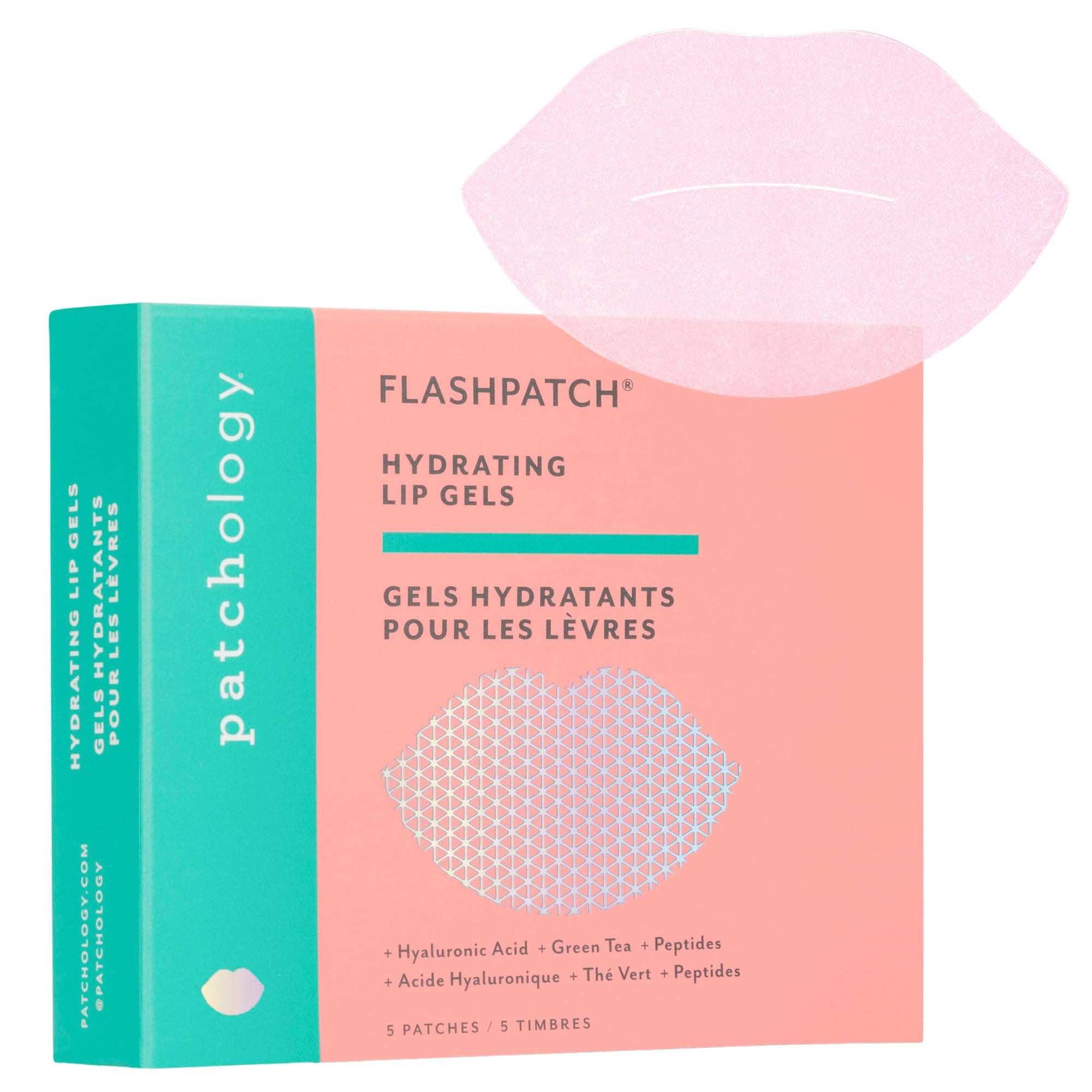 Patchology FlashPatch Hydrating Lip Mask Gels with Hyaluronic Acid, Green Tea & Peptides – Ultra Moisturizing Lip Treatment for Dry Lips – Hydration & Repair (5 Count)