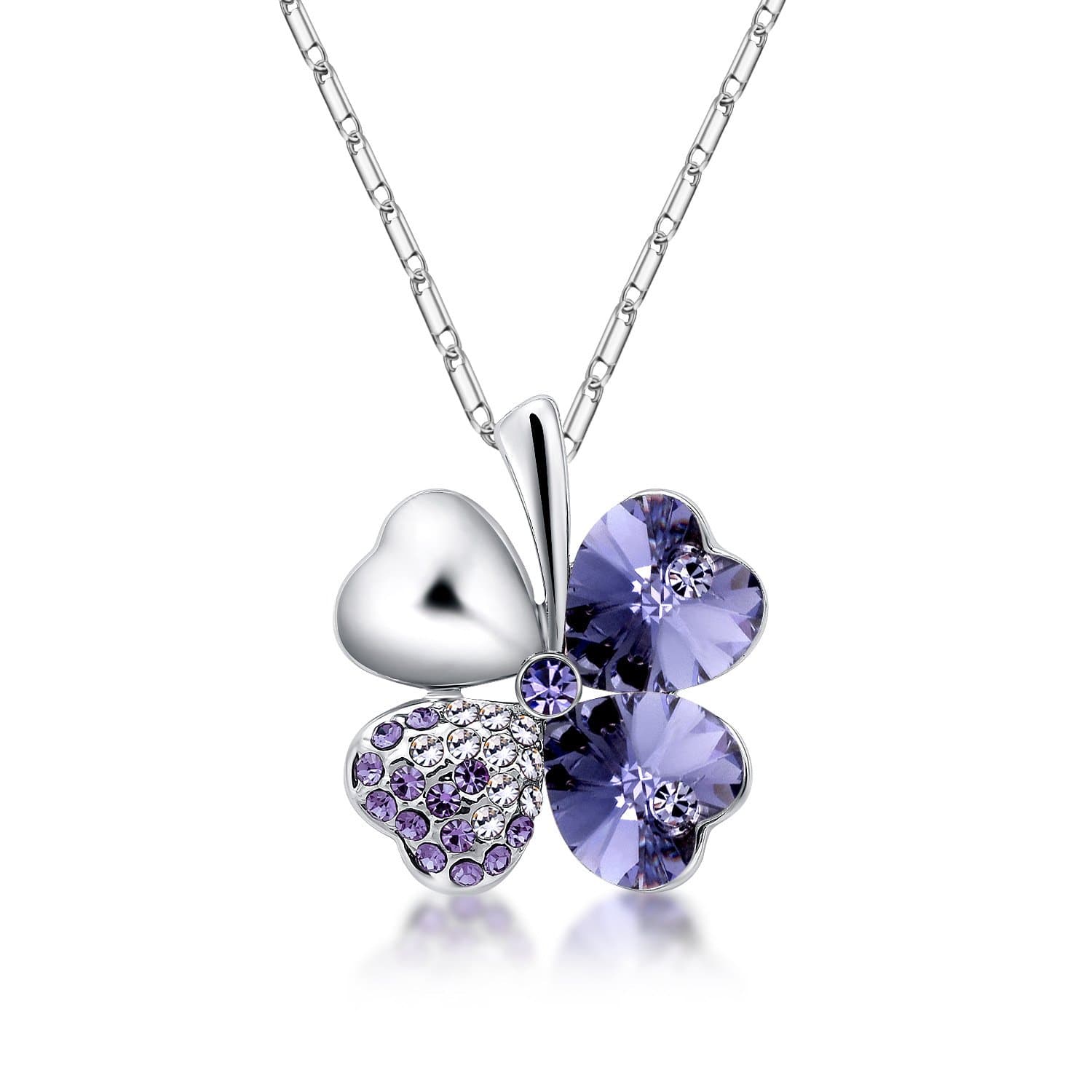 The Starry Night Lucky Four Leaf Flower Crystal Pendant Diamond Accented Silver Plated Flower Necklace