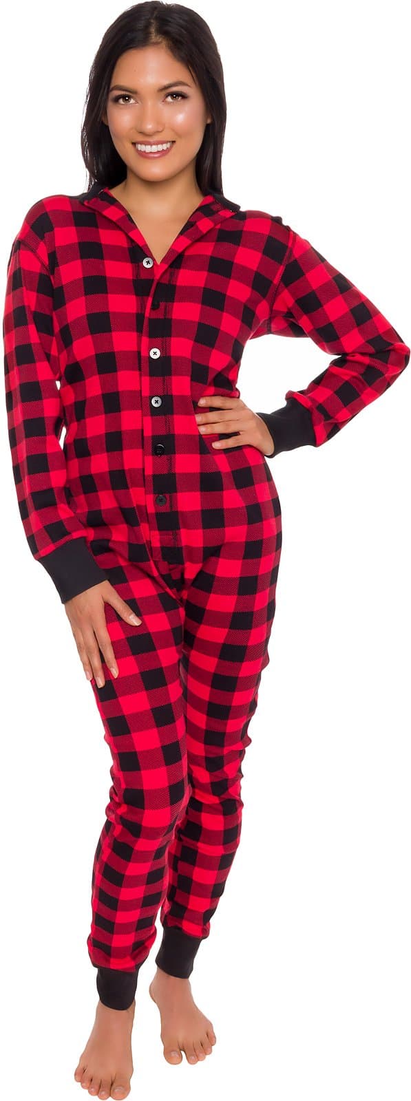 Silver Lilly Slim Buffalo Plaid Flapjack Pajamas - Warm Adult Onesie Jumpsuit, Cotton One Piece PJs, Union Suit, Women's