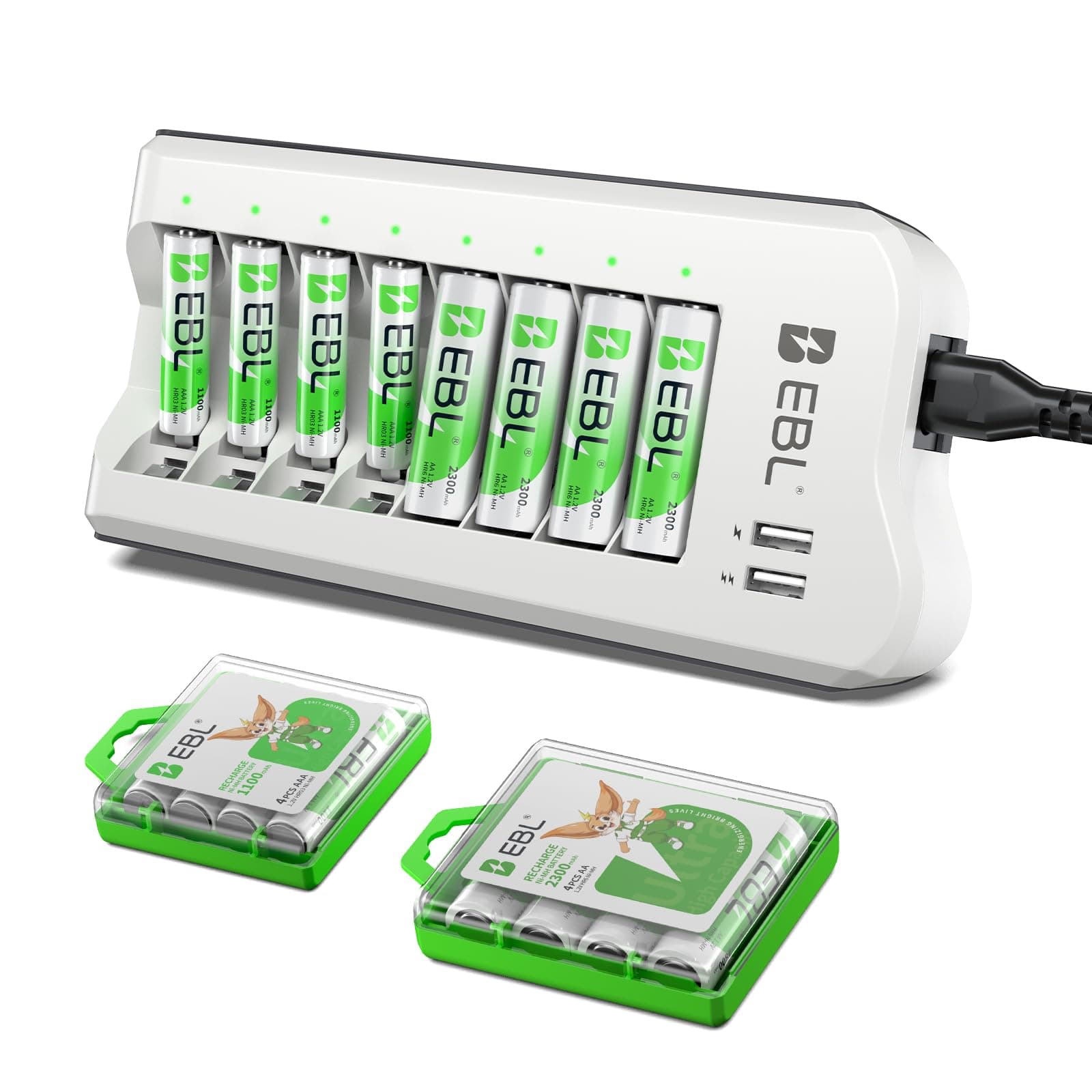 EBL AA 2300mAh (8 Pack) and AAA 1100mAh (8 Pack) Ni-MH Rechargeable Batteries and 808U AA AAA Rechargeable Battery Charger with 2 USB Charging Ports