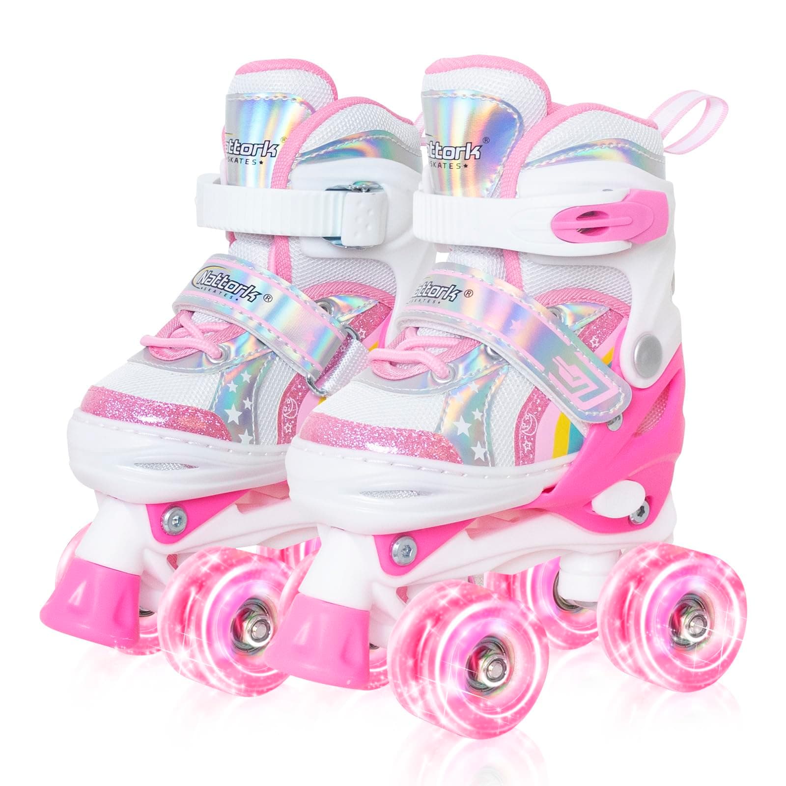 Nattork Girls Roller Skates for Kids, 4 Size Adjustable Rainbow Quad Skates with All Light Up Wheels - Best Birthday Gift for Outdoor Sports