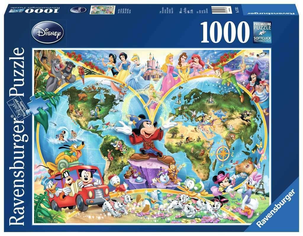 Disney World Map 1000 Piece Jigsaw Puzzle Featuring the entire Disney Family: Disney Princess, Donald Duck, Mickey Mouse, Peter Pan and many more!