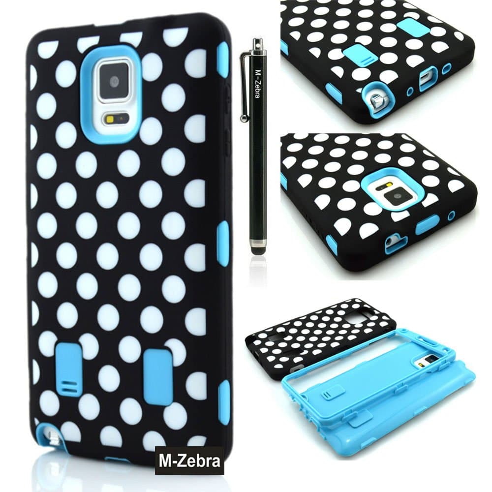 Note 4 Case, M-Zebra Galaxy Note 4 Case Cover - Shock Absorption / High Impact Resistant Full Body Hybrid Armor Protection Defender Case Cover for Samsung Galaxy Note 4,with Screen Protectors+Stylus (Black)+Cleaning Cloth (Polka Dot Blue)